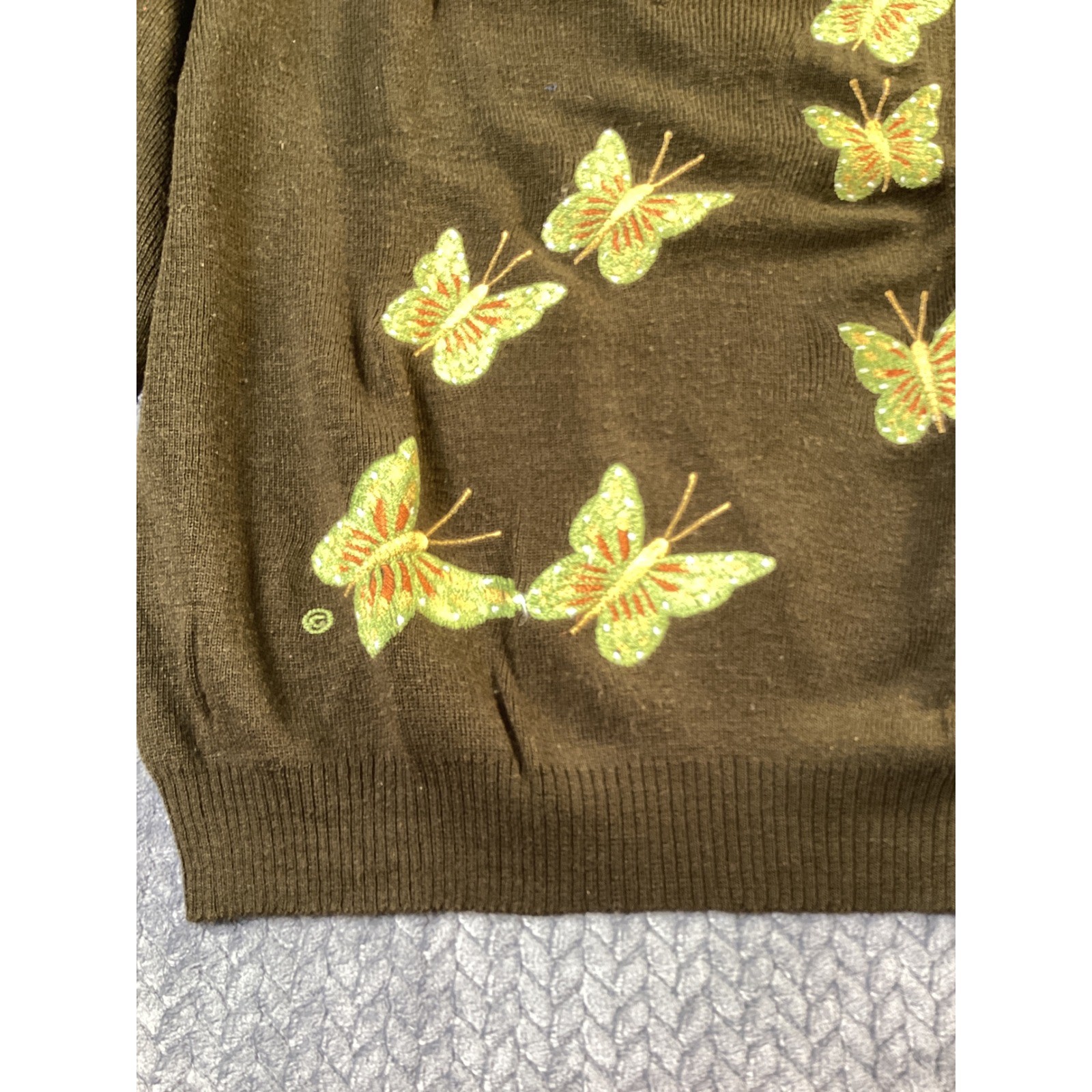 Vintage Shirlee Designs Butterfly V-Neck Sweater Brown Acrylic Size 42 Fall
