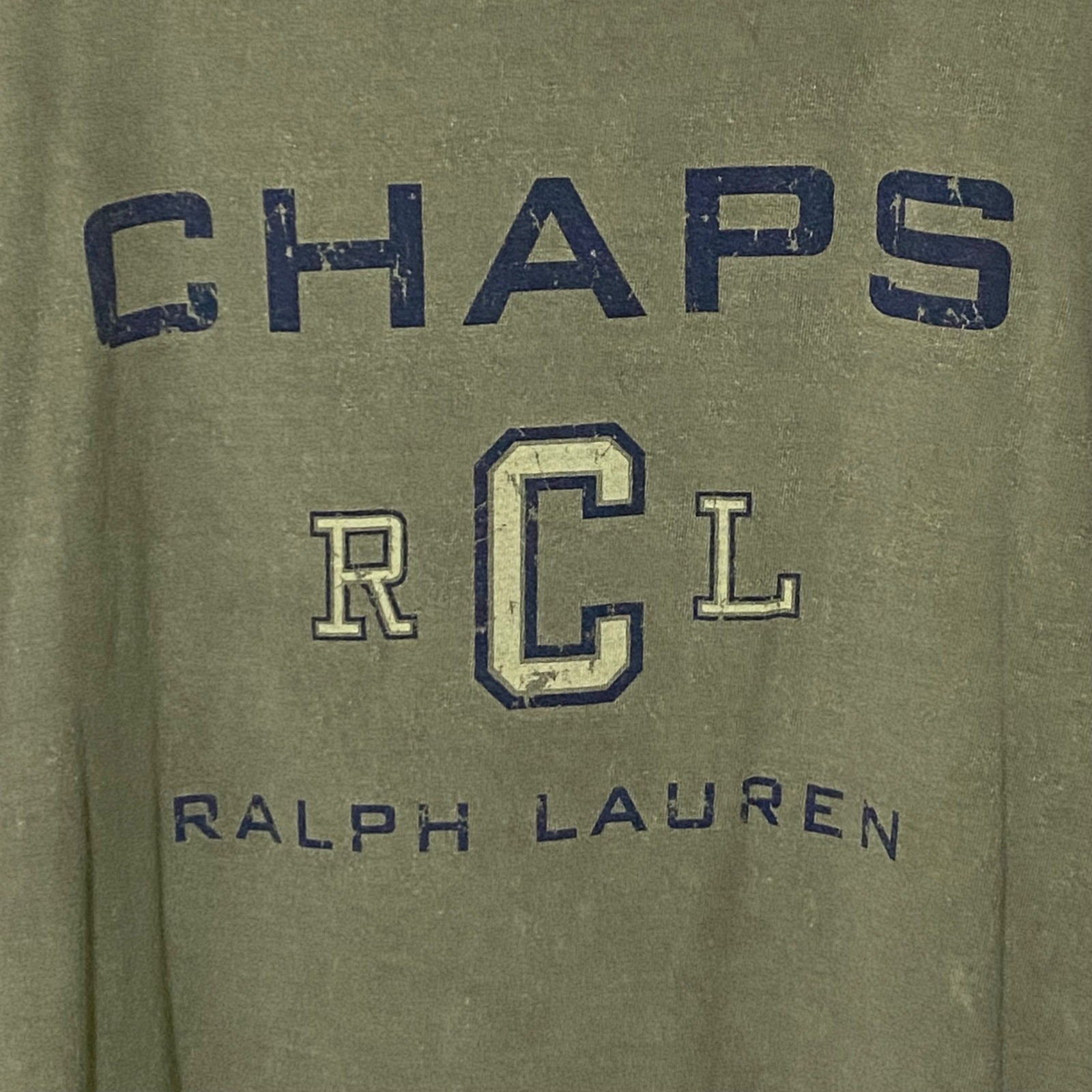 Vtg 90s Chaps Ralph Lauren Army Green T-Shirt Worn Faded Grunge Outdoor Spellout