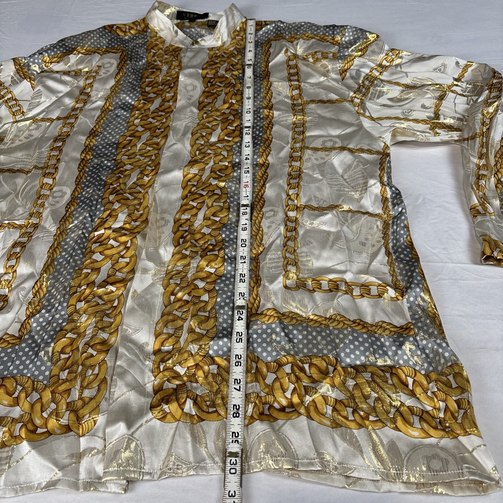 Vtg VERSAI GOLD LABEL Silk Metallic Gold All Over Chain Luxury Greek Shirt L