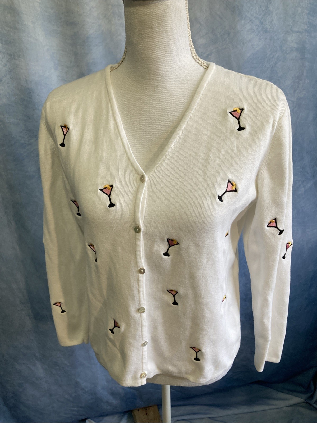 Vtg 90s Carole Little Martini Cardigan Sweater Sz L White Cotton Embroidered