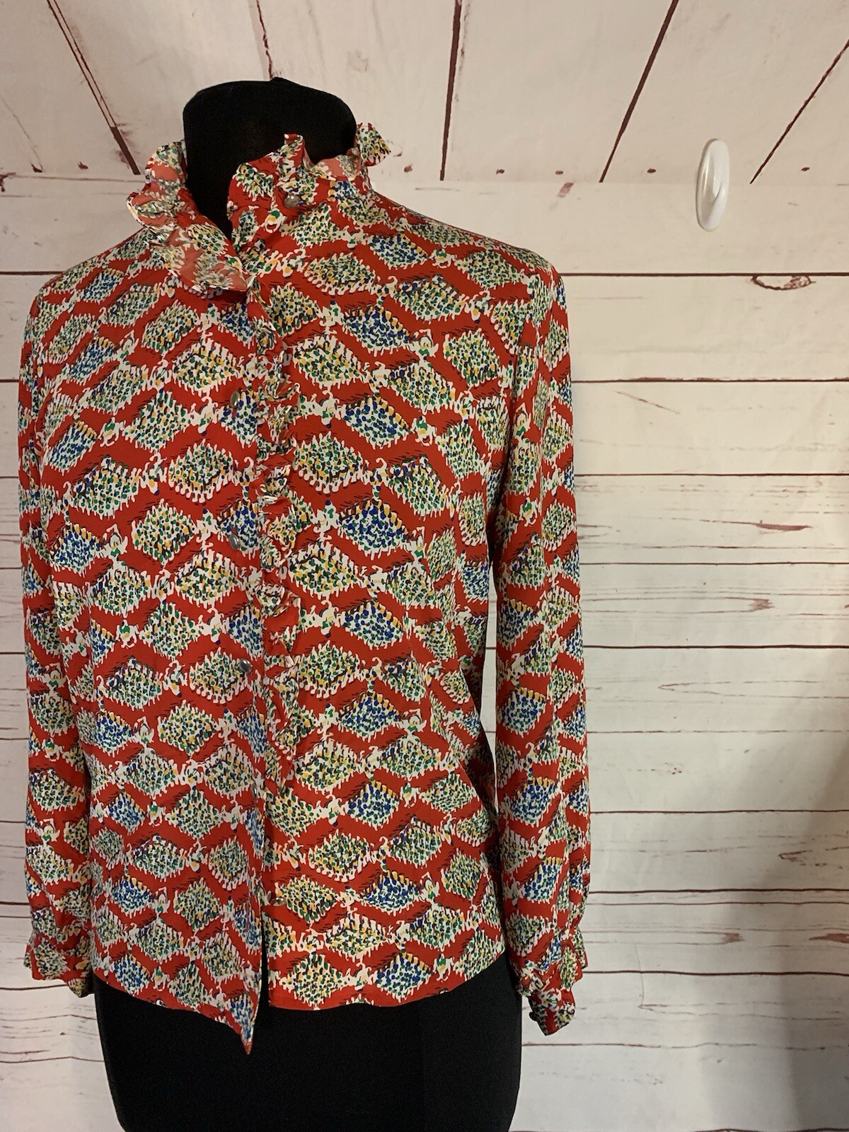 Vintage 70s Frank Olivier Womens Mod Printed Blouse Button Front Small 1970s