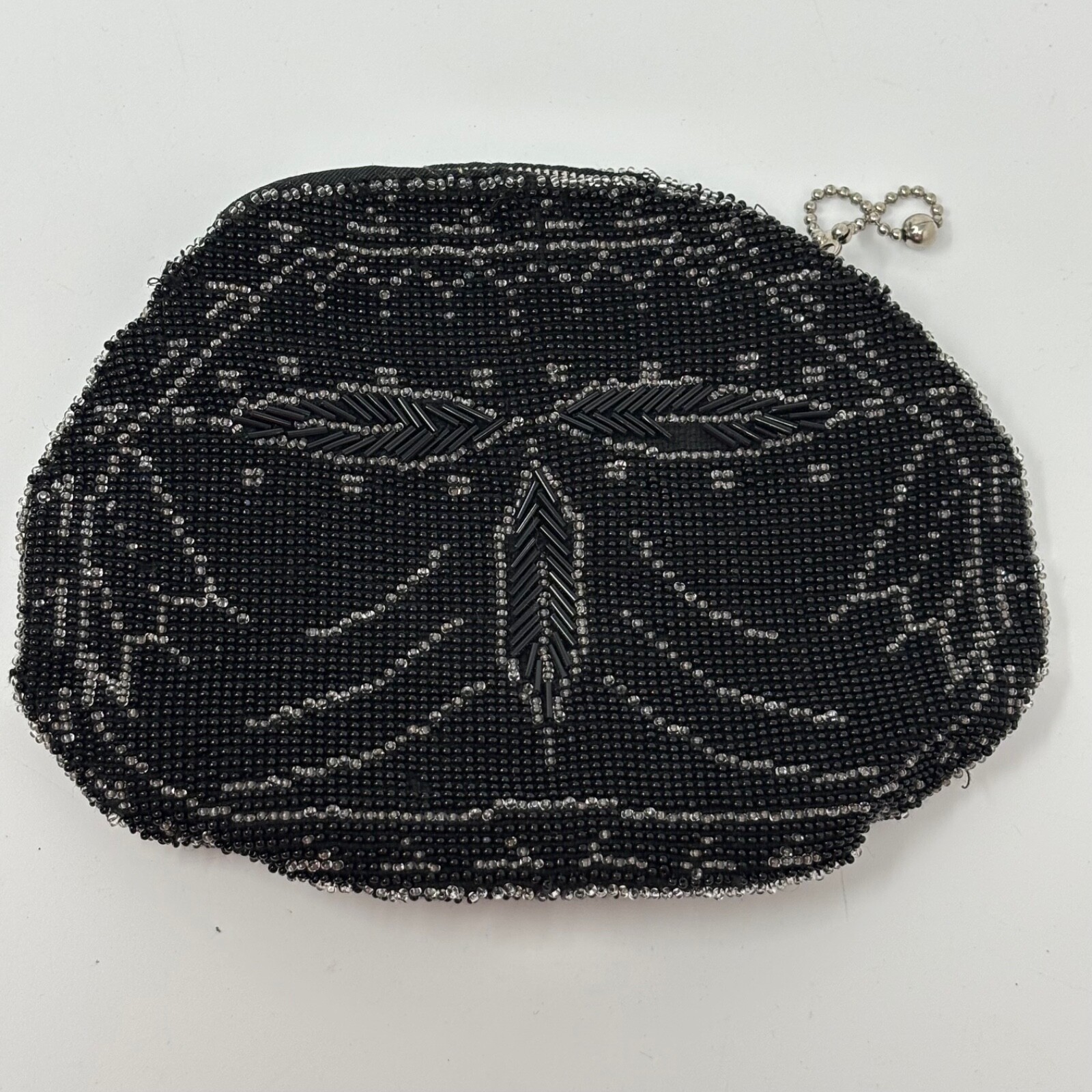 Vintage Small Beaded Purse Bag Black Clear Czech Glass Zip Top Czechoslovakia