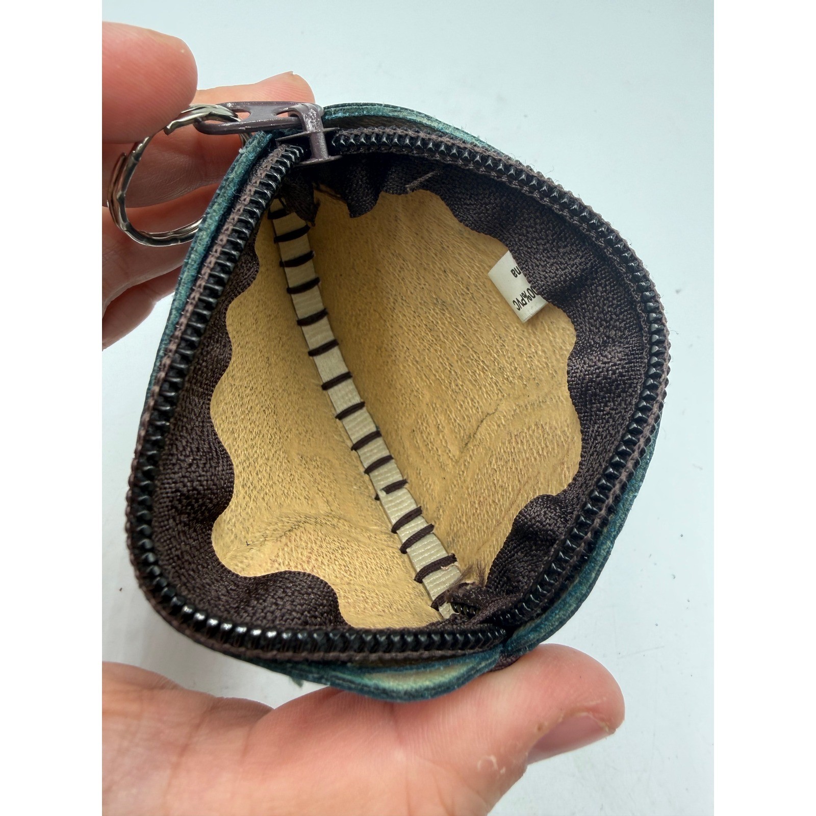 Vintage Handcrafted Leather Tropical Fish Coin Purse Keychain Teal Red Purple