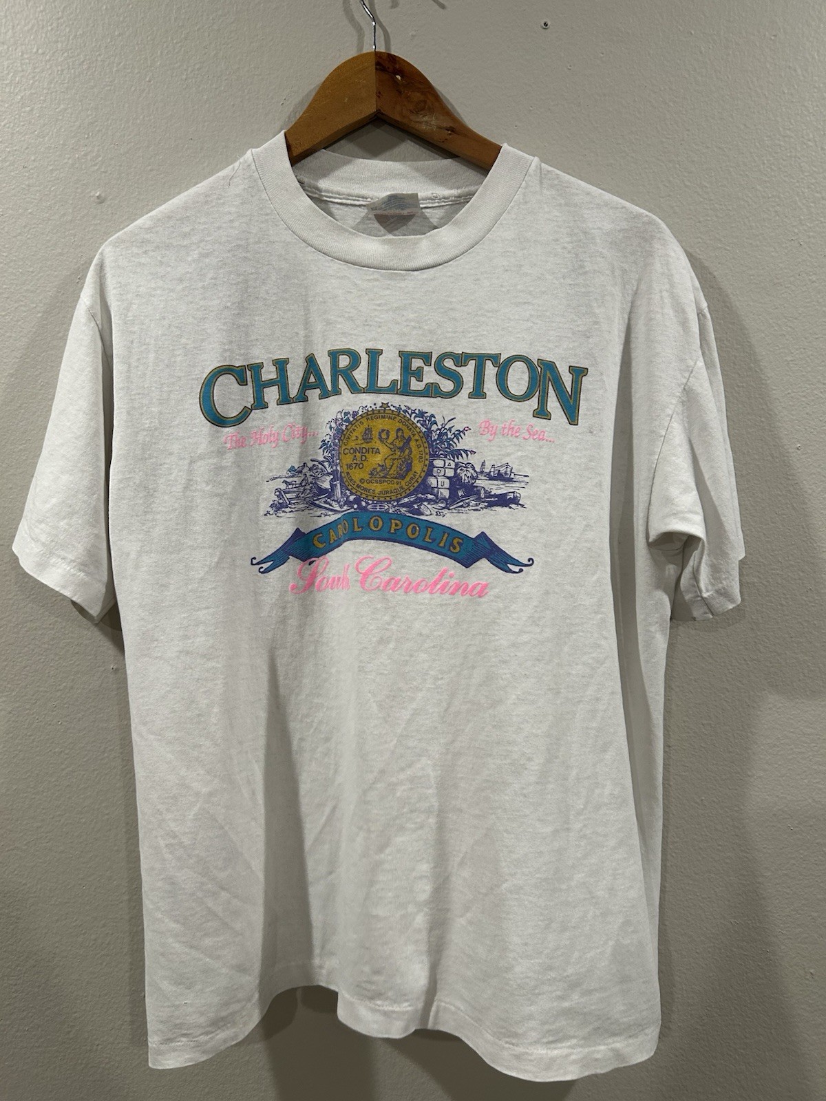 Vtg Hanes Heavyweight 50/50 Graphic Tee Charleston South Carolina Vintage White