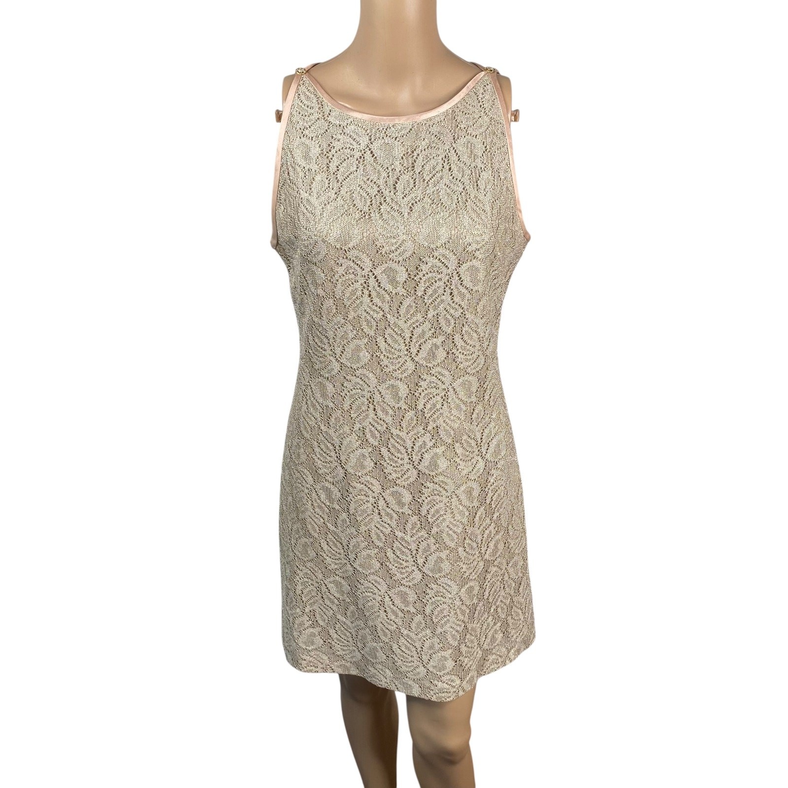 Vtg Bari Jay Nude Gold Crochet Boat Neck A-line Mini Party Dress SZ 10