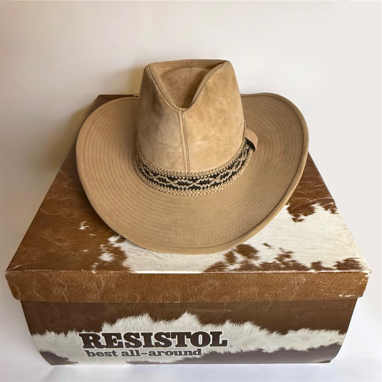 VINTAGE RESISTOL RANCHMAN SUEDE LEATHER Tan Western Cowboy Hat 7 1/4 + TAG & BOX