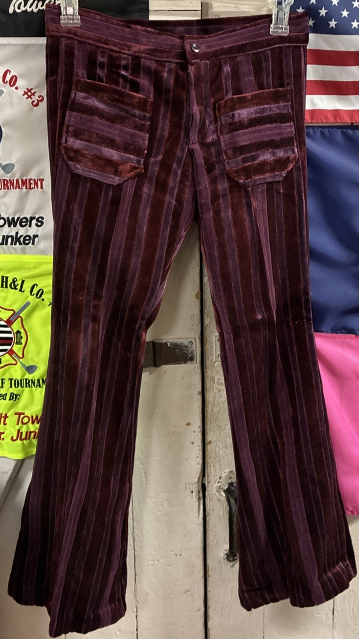 VTG 60S Red & Purple Strip Velvet Women’s FLARED PANTS Bell Bottom Sz 7/8-UNION