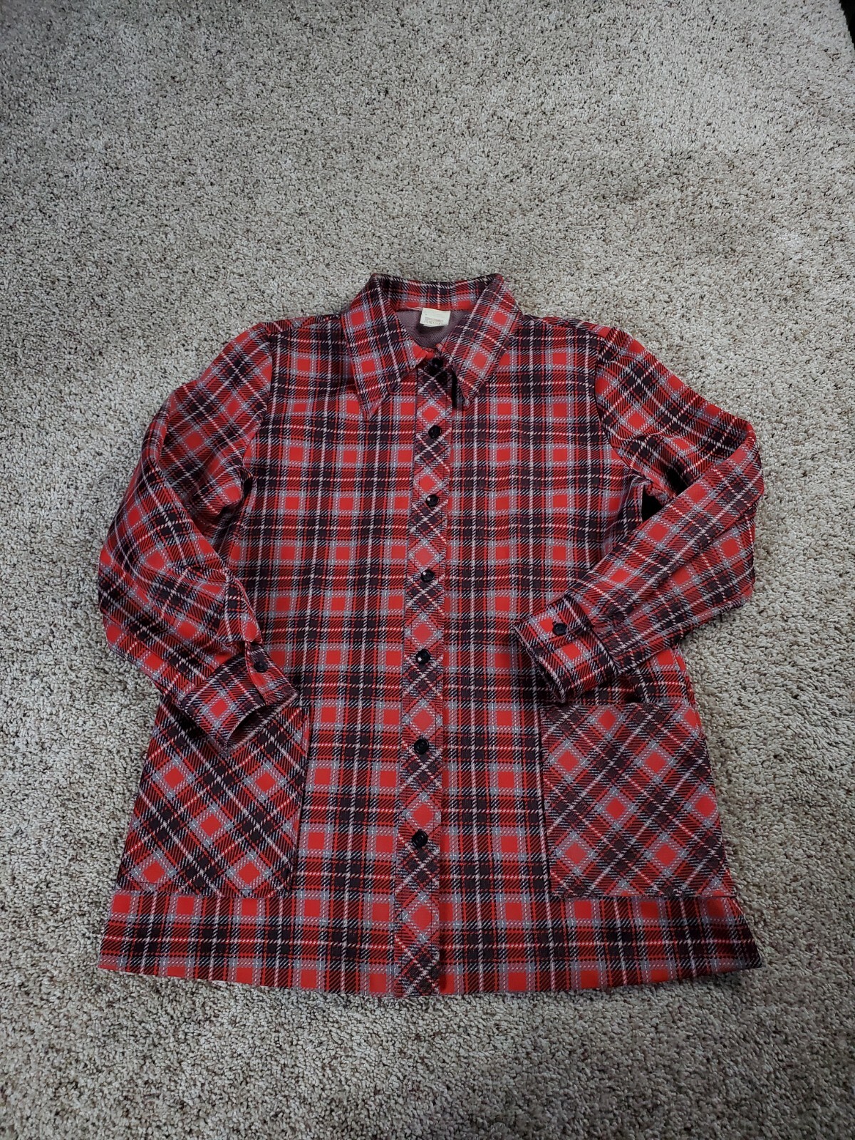 Vintage 70s Montgomery Ward Overshirt Large Womes Red Plaid Button Up Pointy