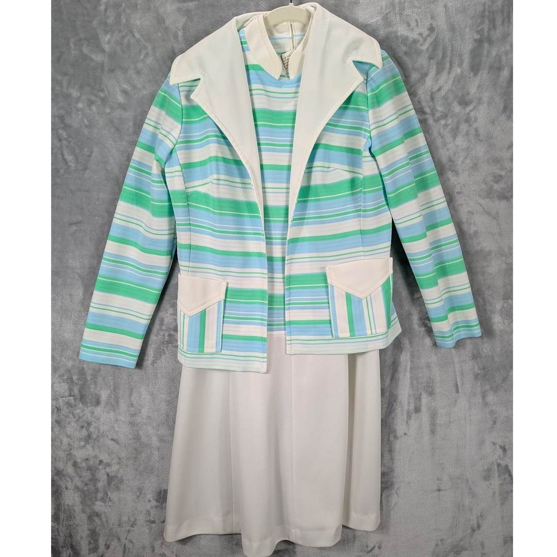 Vtg Dress Womens Medium Striped White Green Blue Sleeveless Knee Length Zip 3 PC
