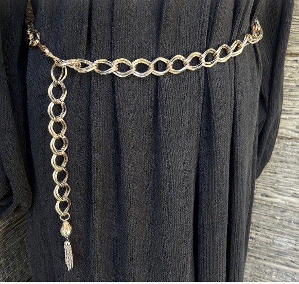 VTG Silver Link Chain Belt Tasseled Adjustable Hook 38” Festival Retro 70’s Boho