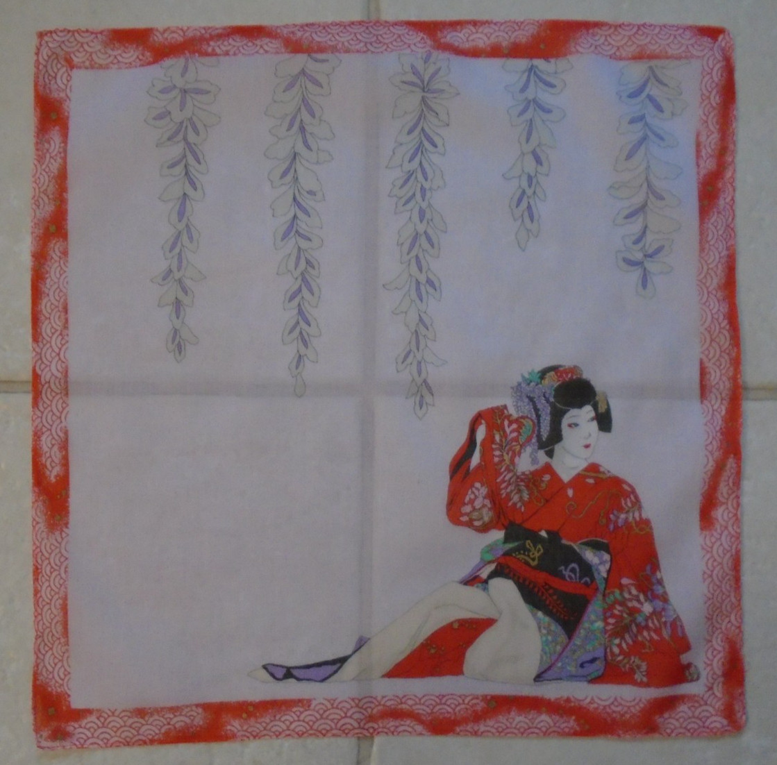 RED GEISHA GIRL LARGE 16″VINTAGE HANKIE HANDKERCHIEF