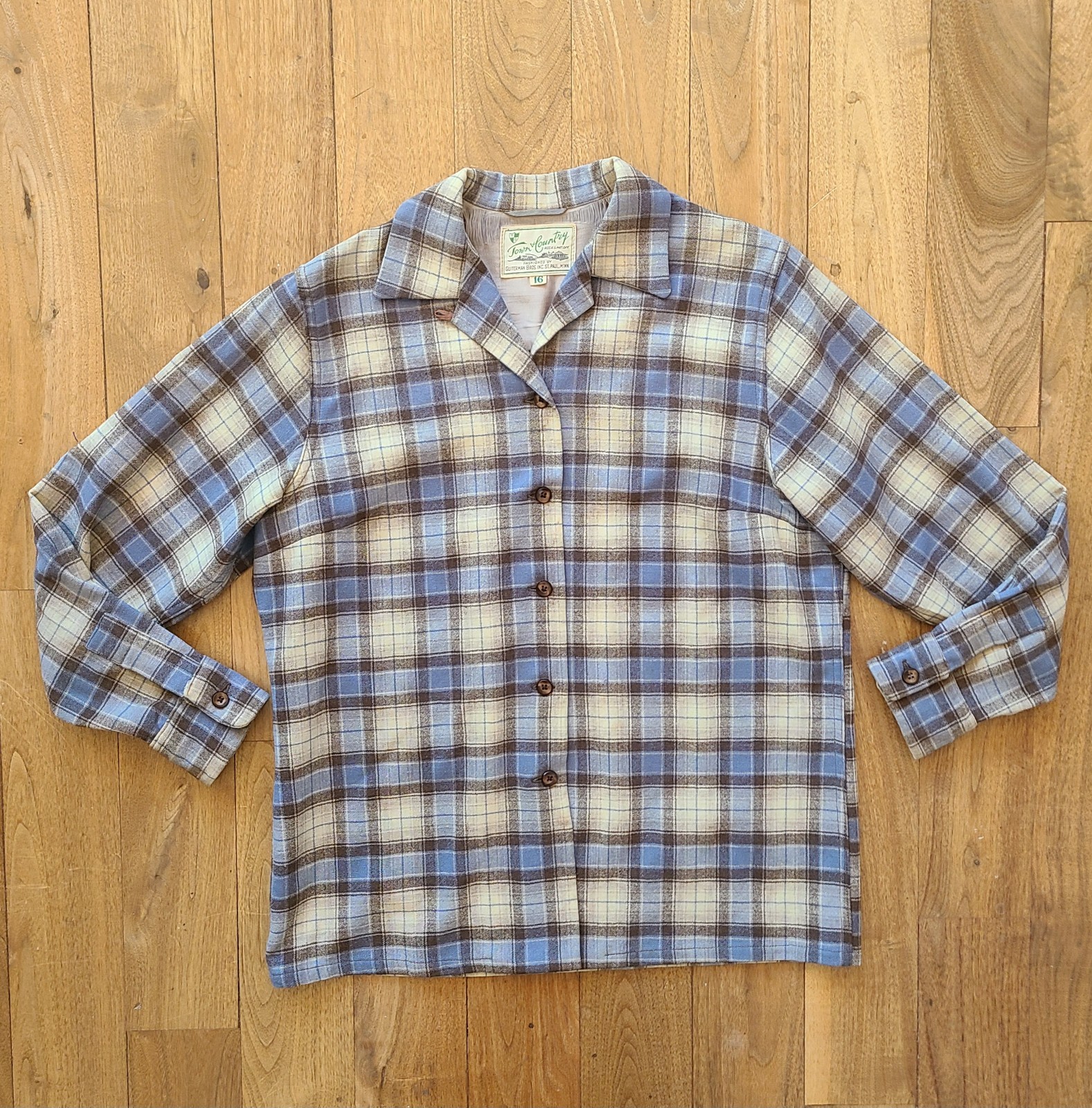 Vintage 50’s gray, blue and brown plaid shacket/shirt from Town & Country 60’s