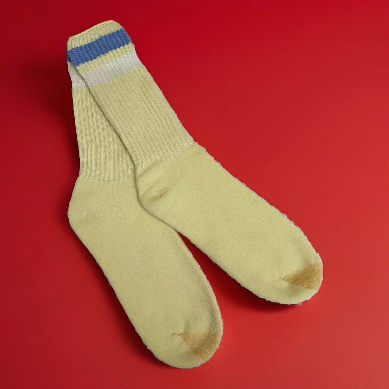 VTG Socks Gold Toe 10-14 80s Yellow Striped Crew NOS Combed Cotton Nylon Irreg.