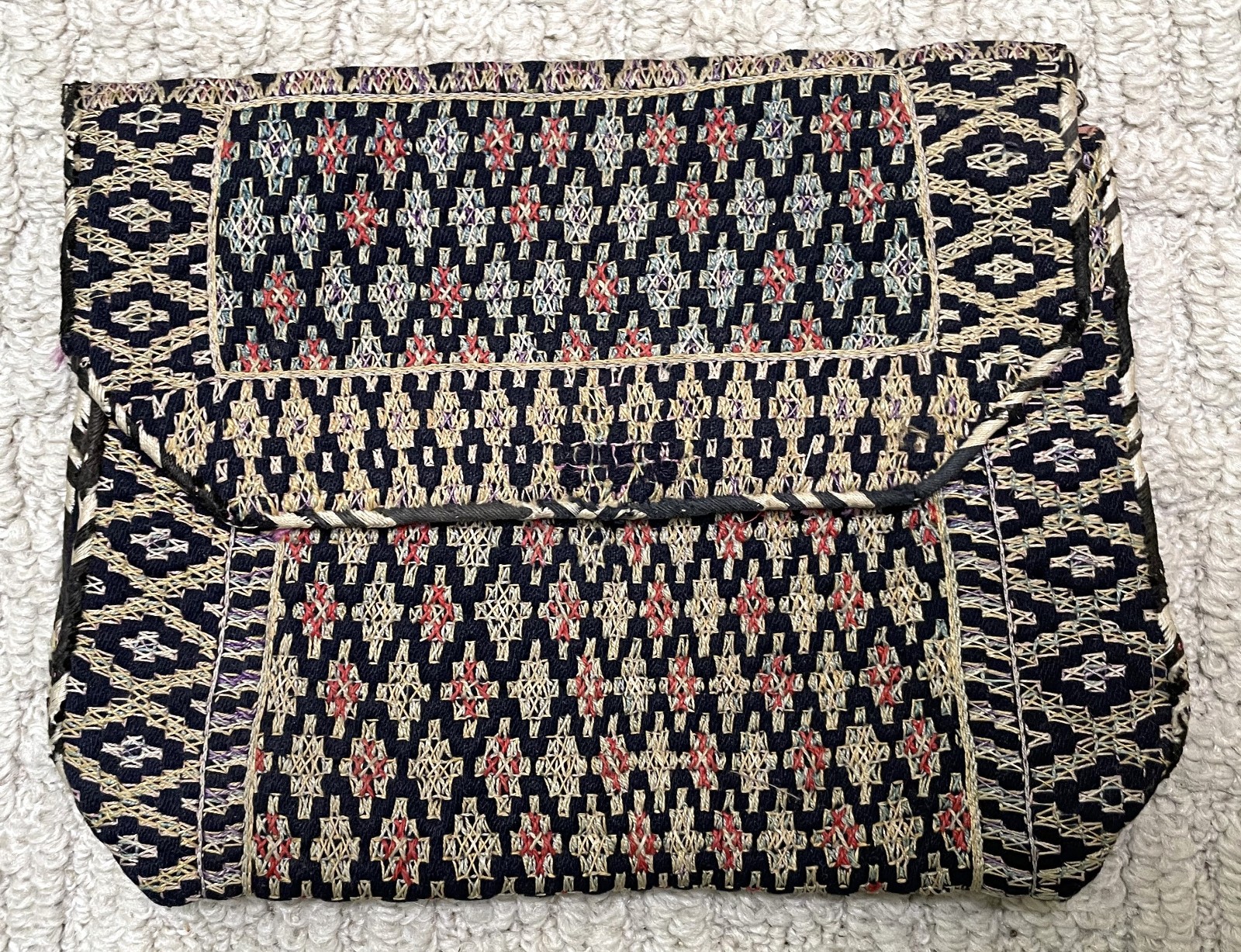 Antique 1900s Turkish Afghanistan Hand Stitched Geometric Pouch Purse Bag