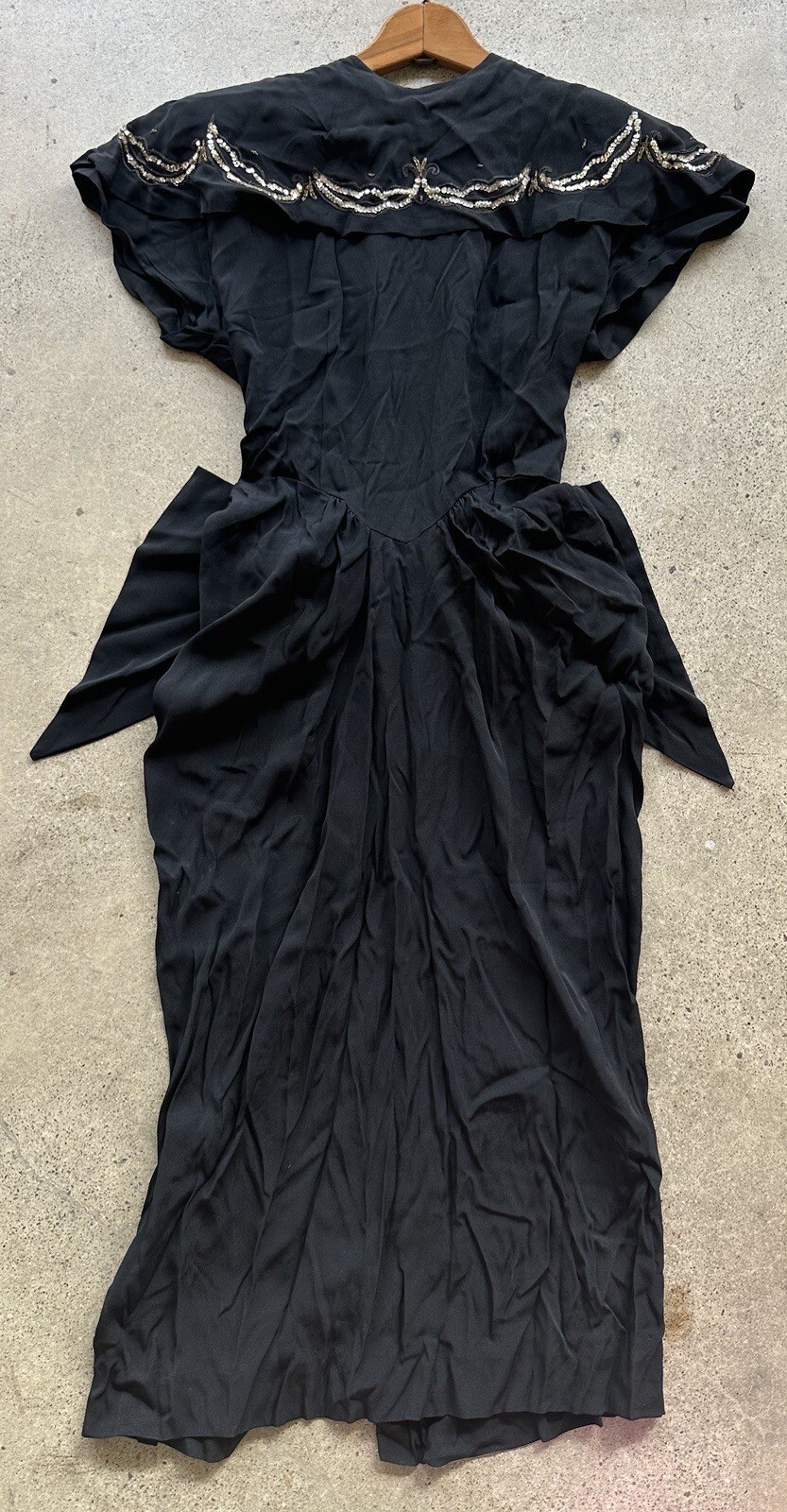 Vintage 1930s Jane Andre California Black Embellished Back Bow Cape Collar Dress
