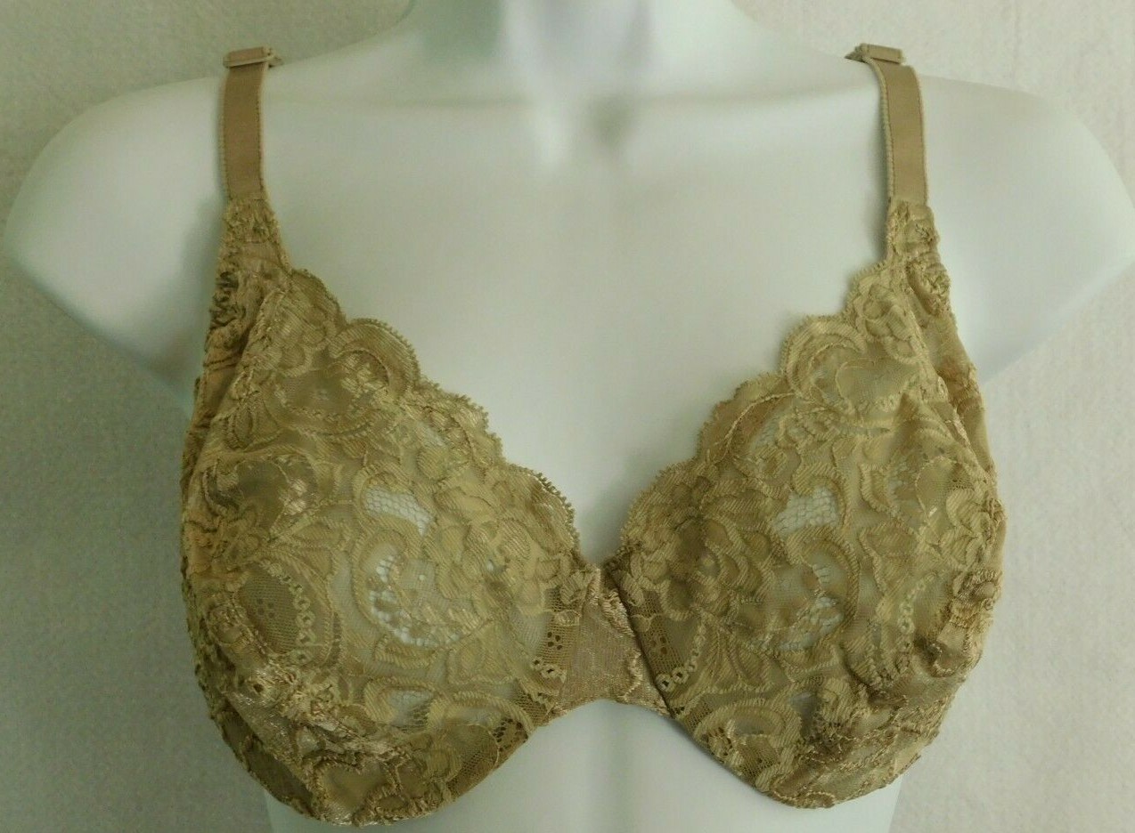 VINTAGE Olga Bra Womens Underwire SATIN TAUPE LACE STRETCH BRA Size 36D