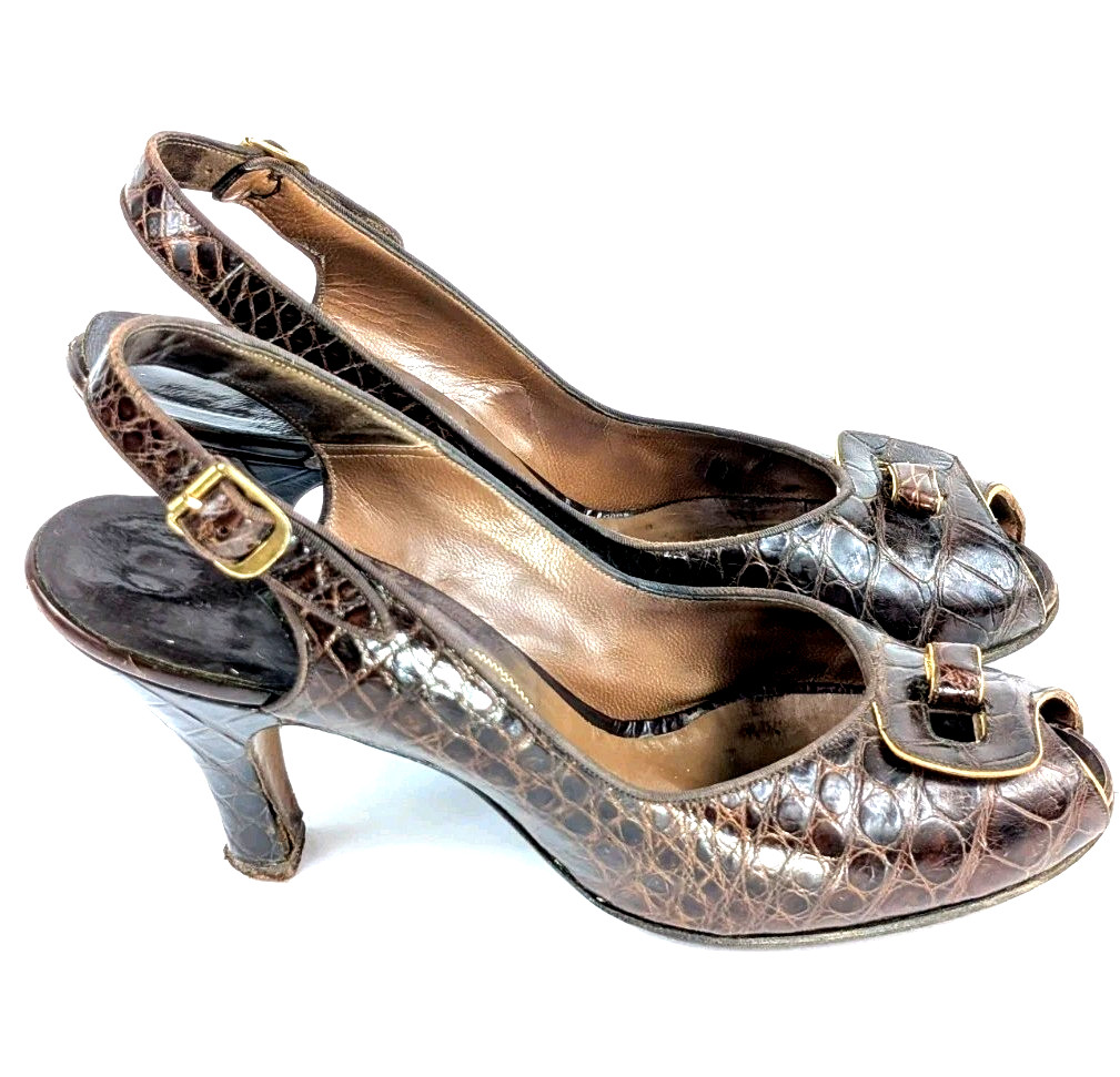 ​Vtg 1940s I Miller Genuine Alligator Peep Toe Slingback Heels Pumps Womens 7AAA