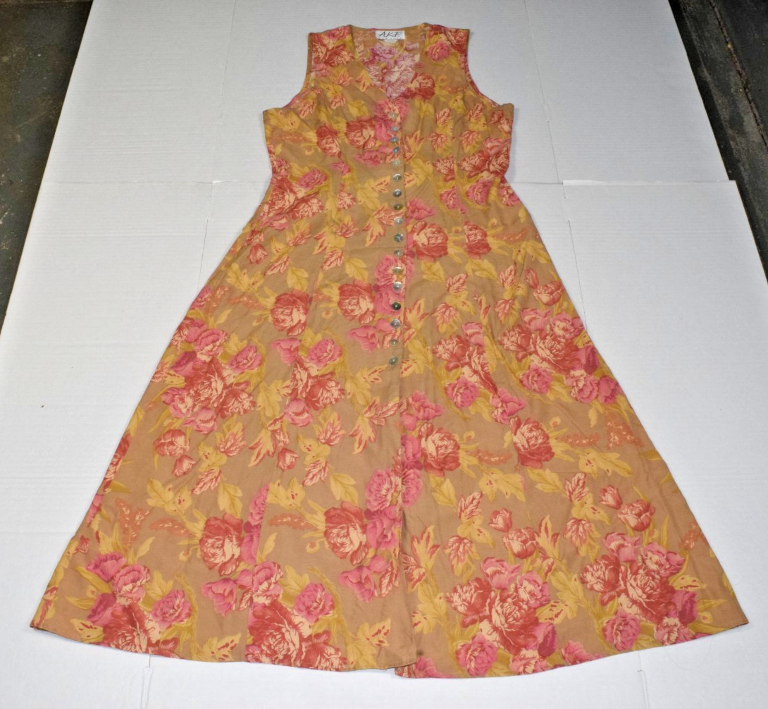 Vintage Maxi Dress AKF New York Size 10 80s Abalone Buttons Golden Roses Rayon
