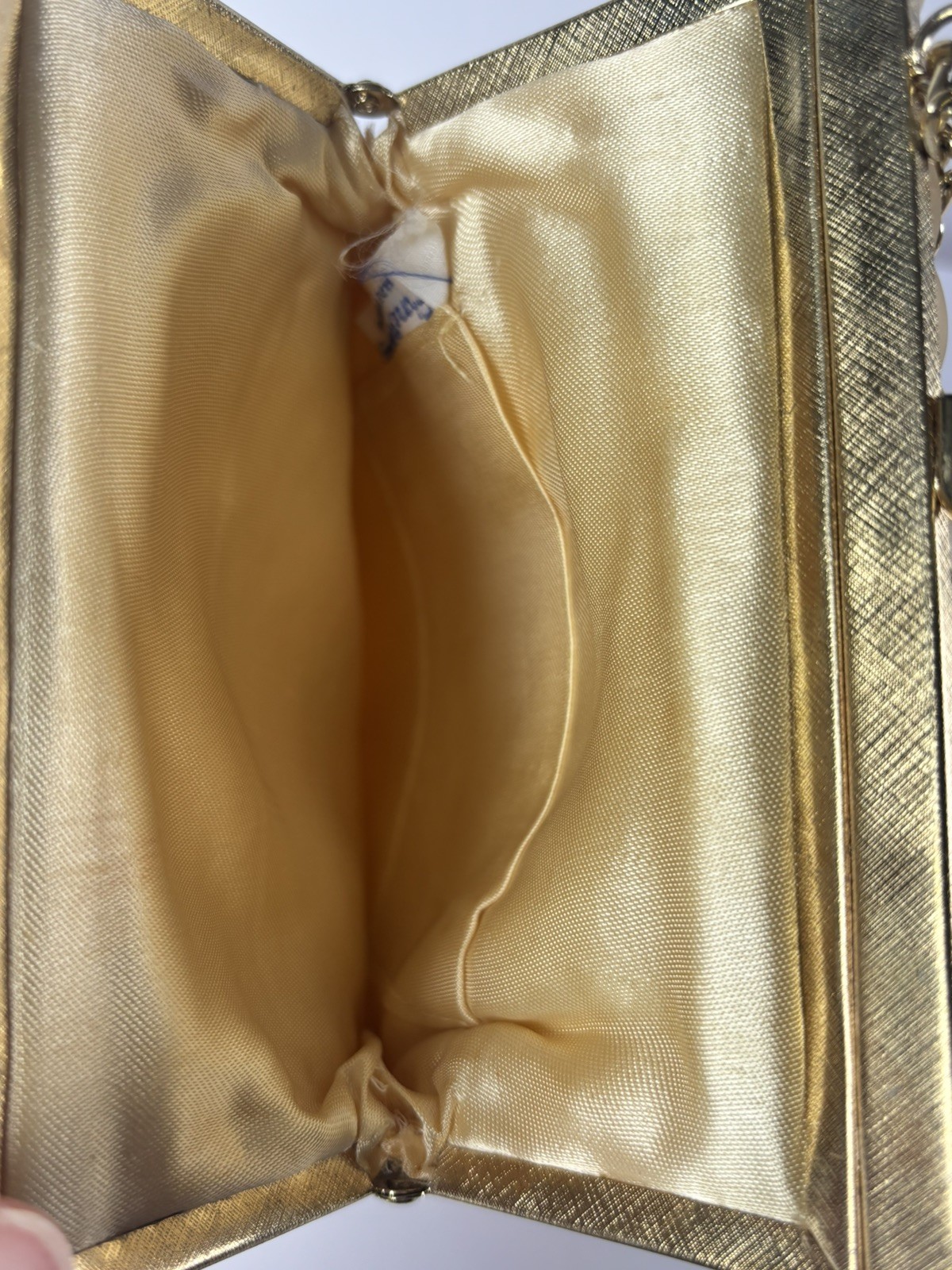 Vtg 50-60s Gold Beaded Evening Bag Lucite Trim Kiss Lock Chain Strap Clutch 7”