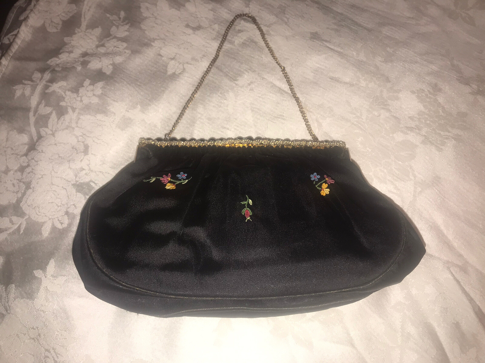 Antique embroidered French silk evening bag, black, from the 1920s or 30s Fab!
