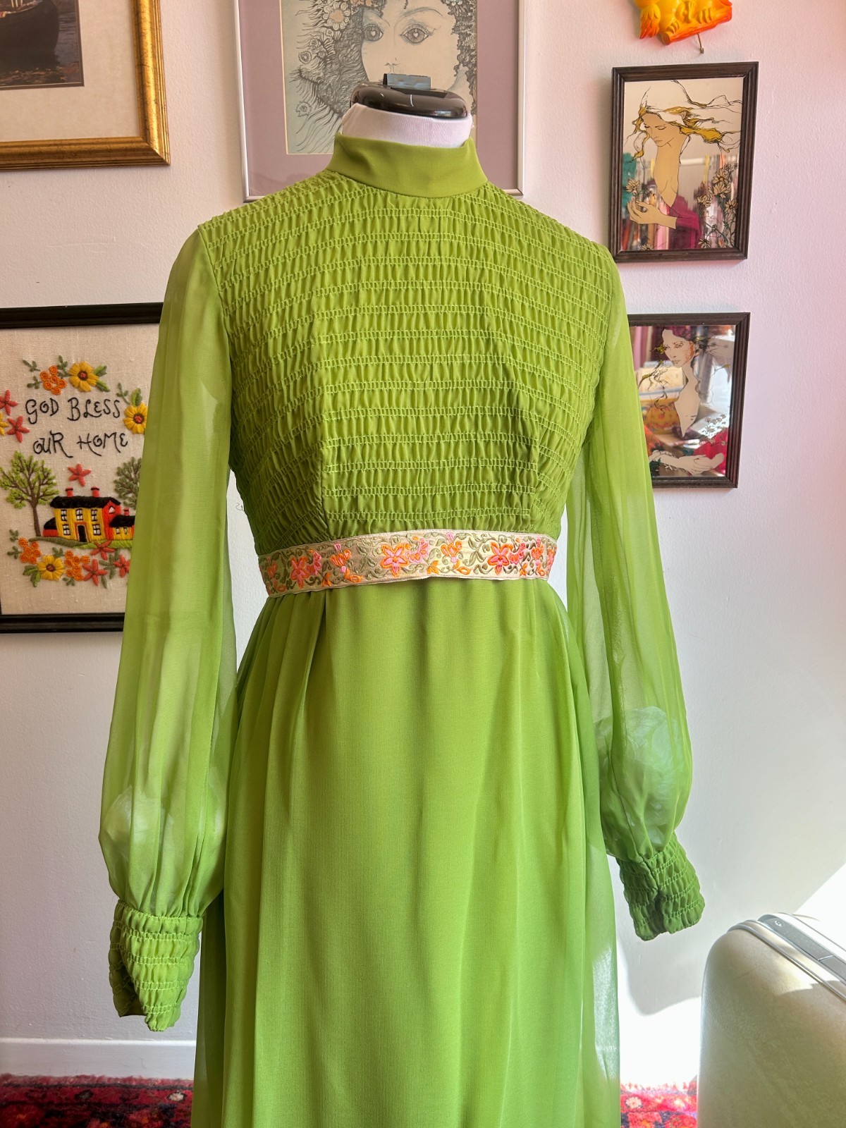 Vintage 70s Chartreuse Chiffon Maxi Dress Gown Boho Victorian Medieval Revival