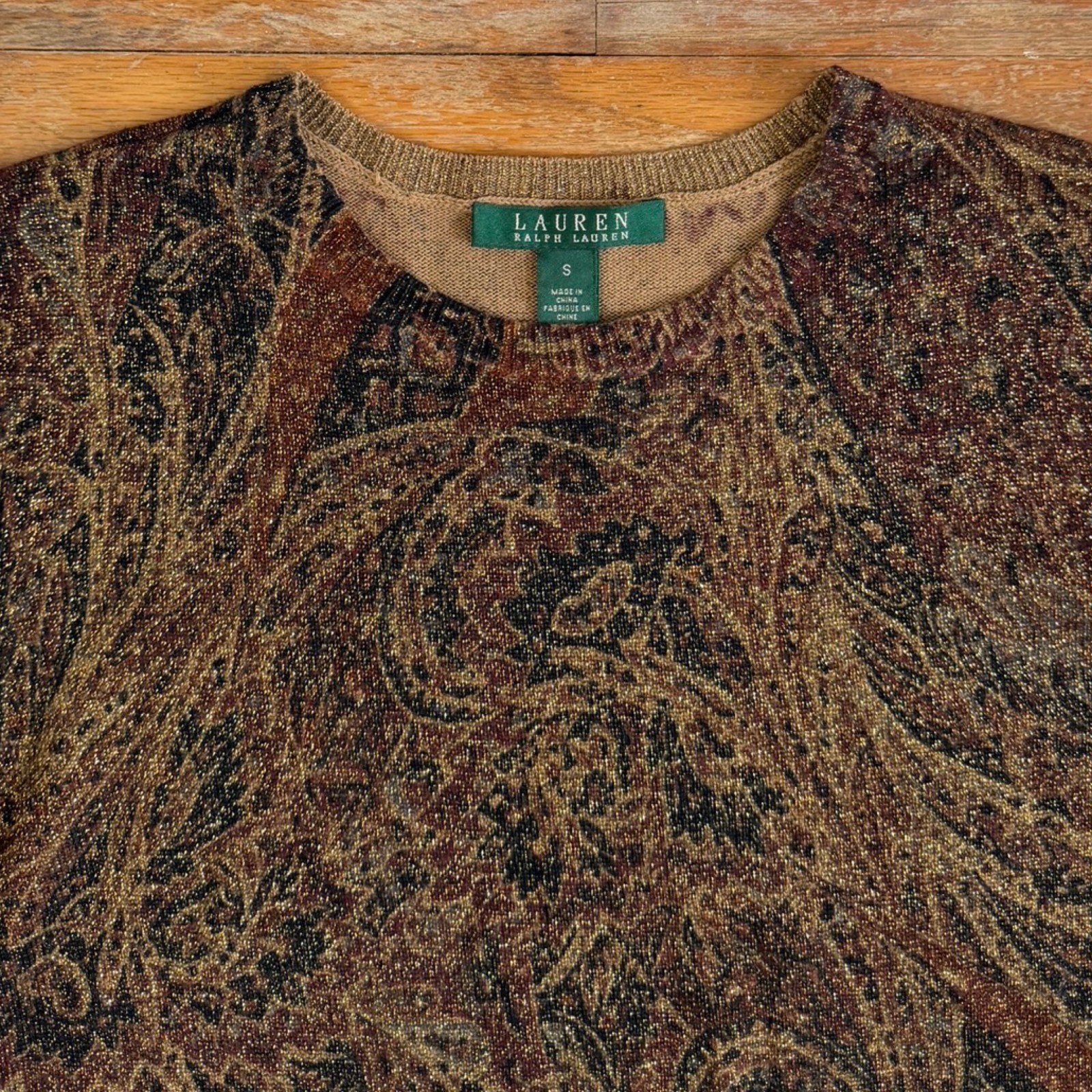 Vintage Silk & Cashmere Sweater Top Size Small Metallic Paisley Ralph Lauren