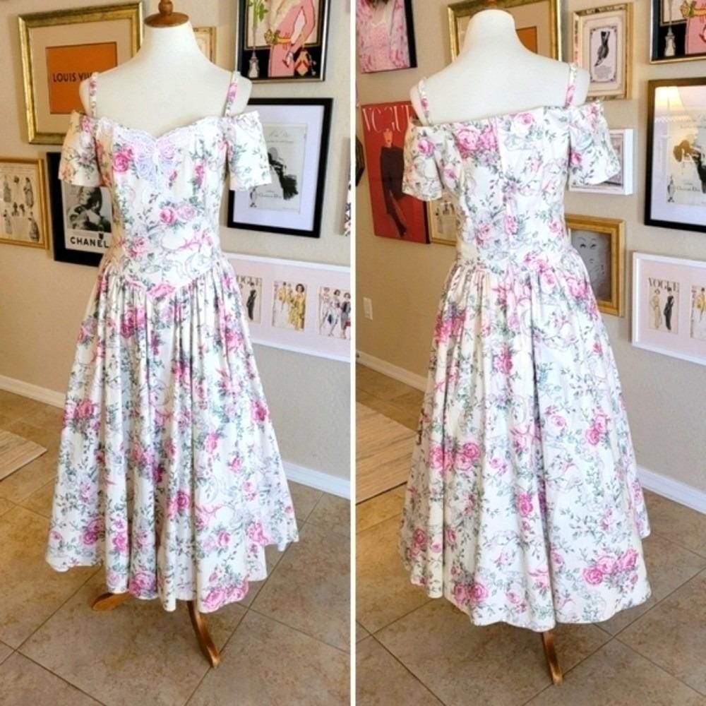 Vintage Jodi Schwartz Bill Berman Floral Lace Butterfly Off Shoulder Dress Pink
