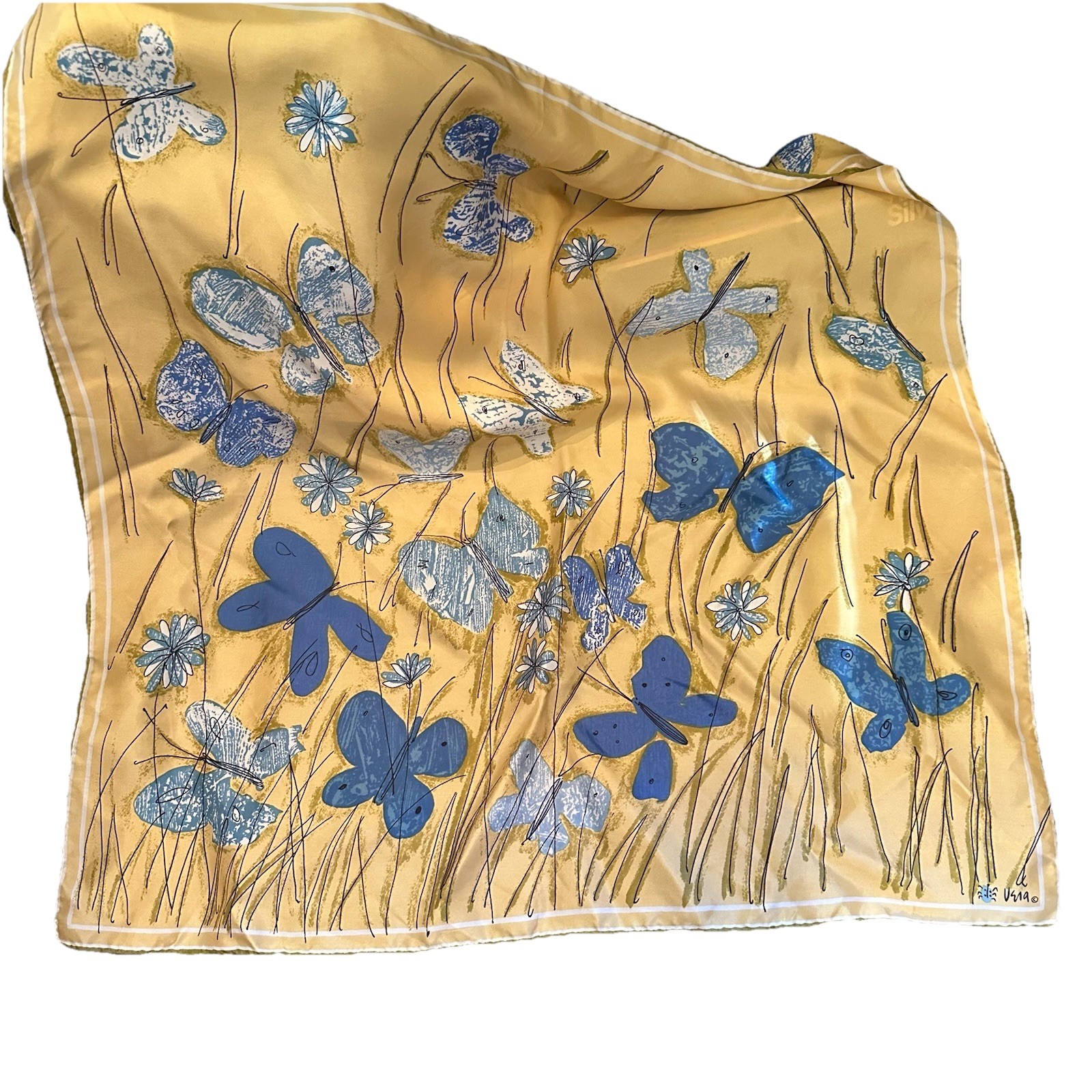 Vera Neumann Scarf Butterflies Blue Floral Yellow Green Border 30×72 Long