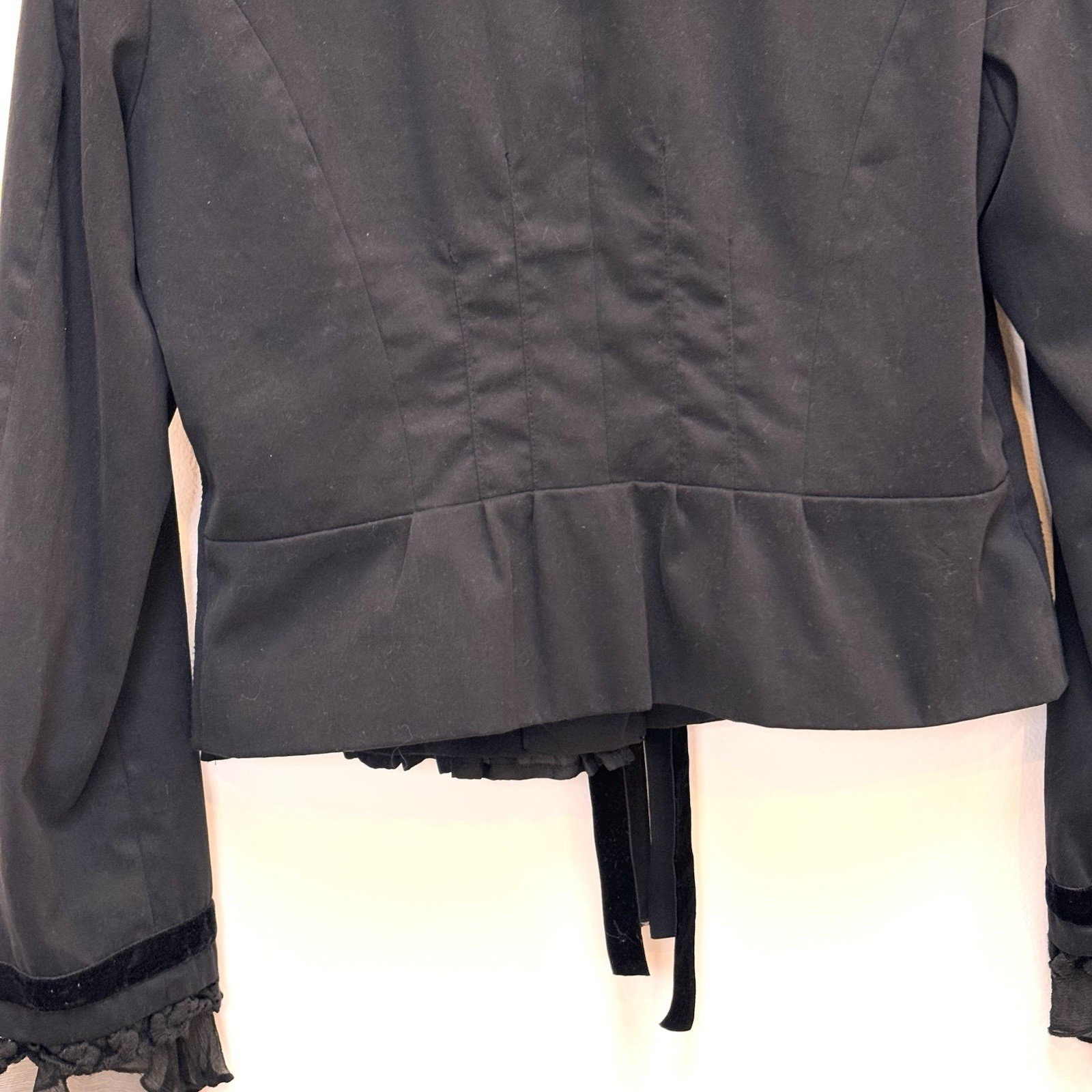 sandwich_ Vintage Edwardian Cropped Blazer Velvet And Silk Ruffle Trim Black 10