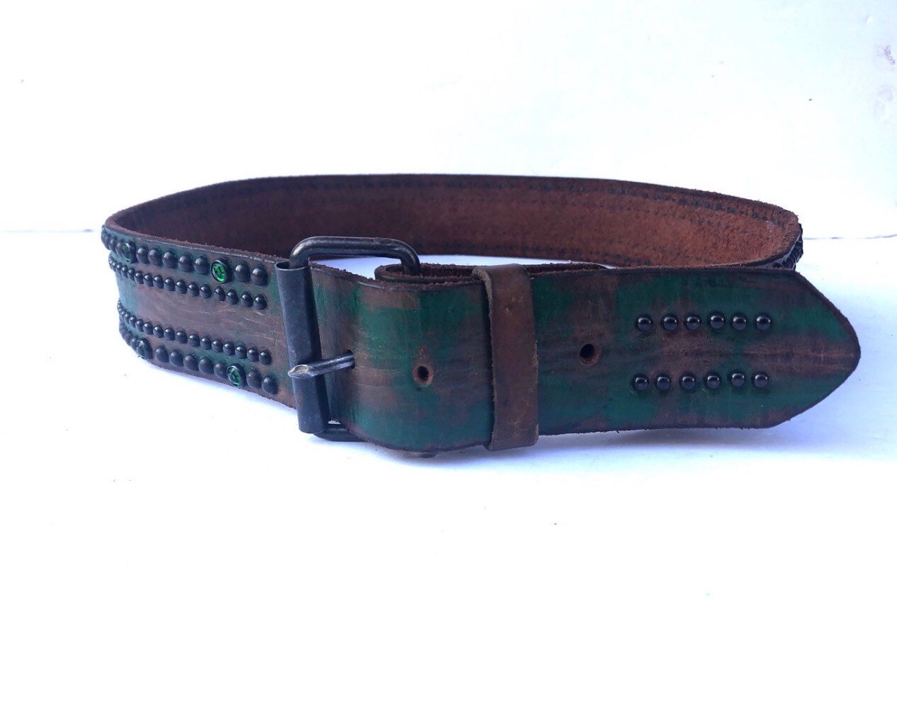 JOED Army Green Leather Belt Upcycled Made In Usa. Wide Size 36