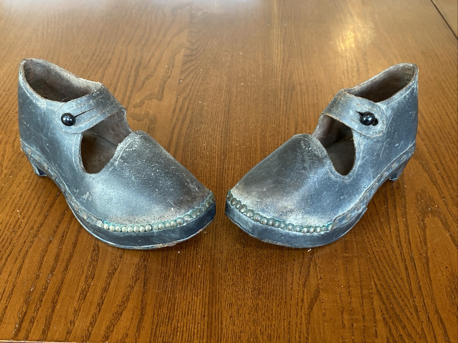 19 Century 1800s Pair Antique Handmade Wood Sole & Leather Clogs Childrens Shoes