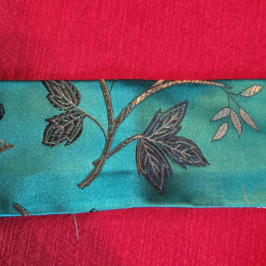 MJ Ernst Couturier Asian Brocade Sash Obi Belt Teal Emerald Floral Butterfly