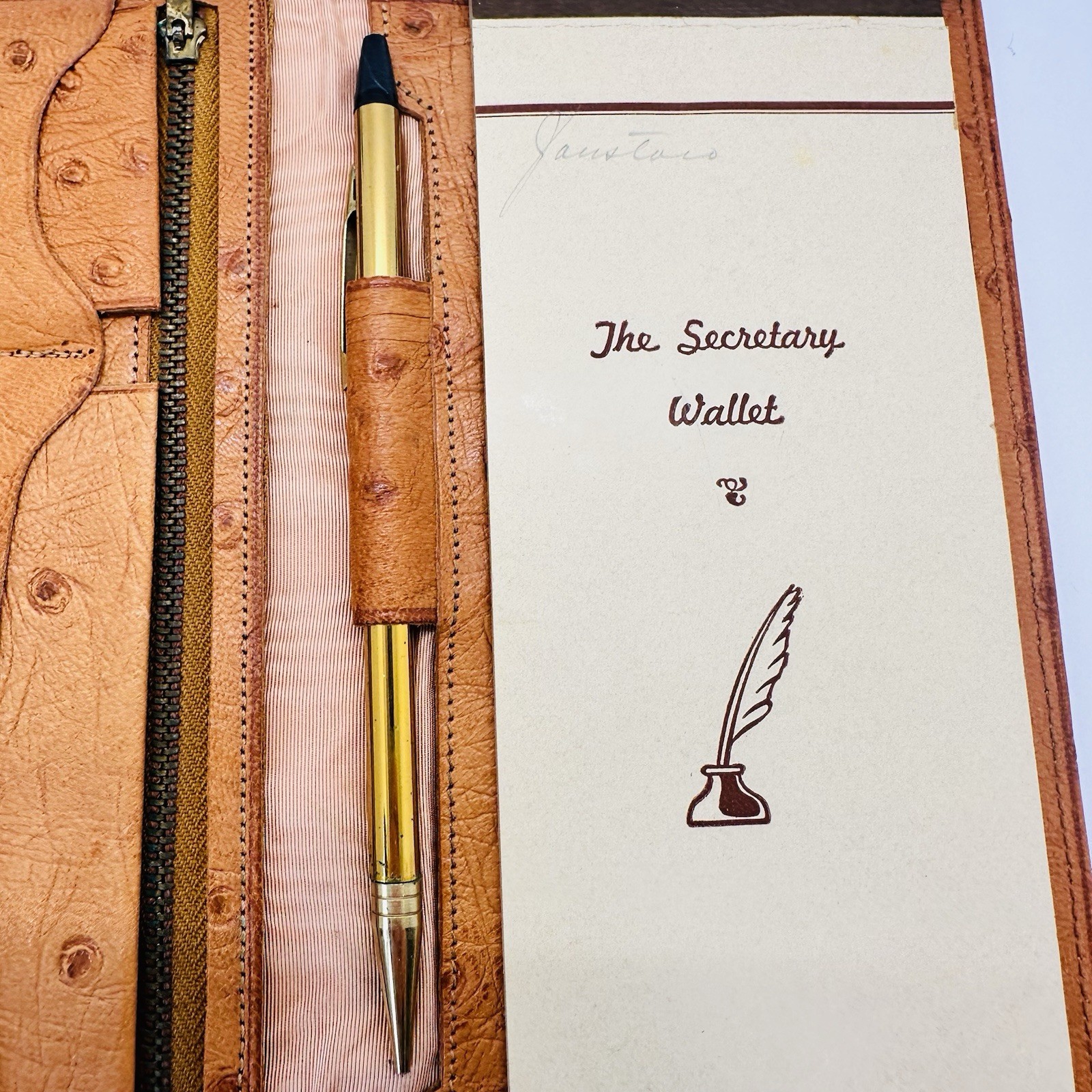 VTG 1950s Organizing Wallet Ostrich Leather With Mechanical Pencil Notepad