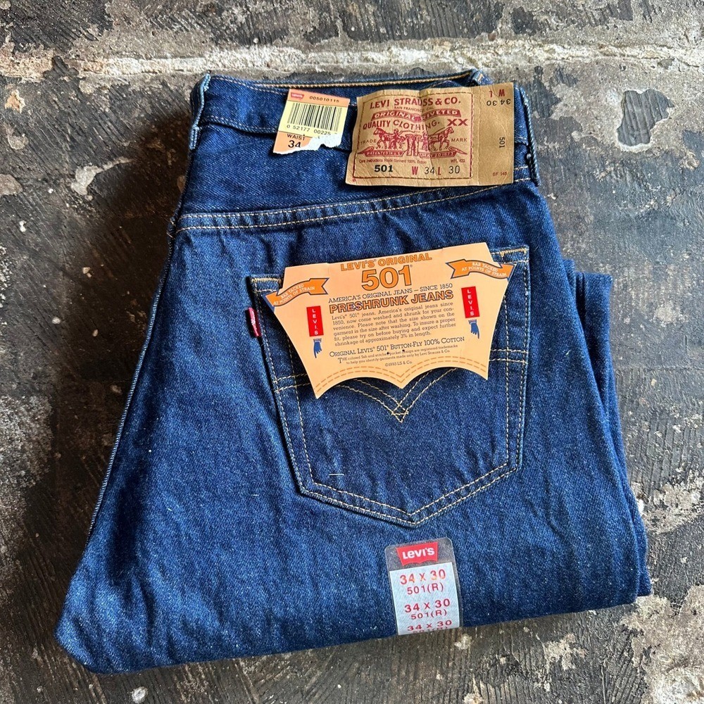 VTG 1999 Levis 501 Jeans 34×30 Button Fly Dark Blue Denim 501-0115 USA 90s NEW