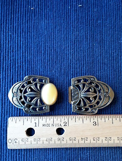 Vintage Art Deco 2 Piece Belt Buckle Germany Brass Filigree Cream Cabochon