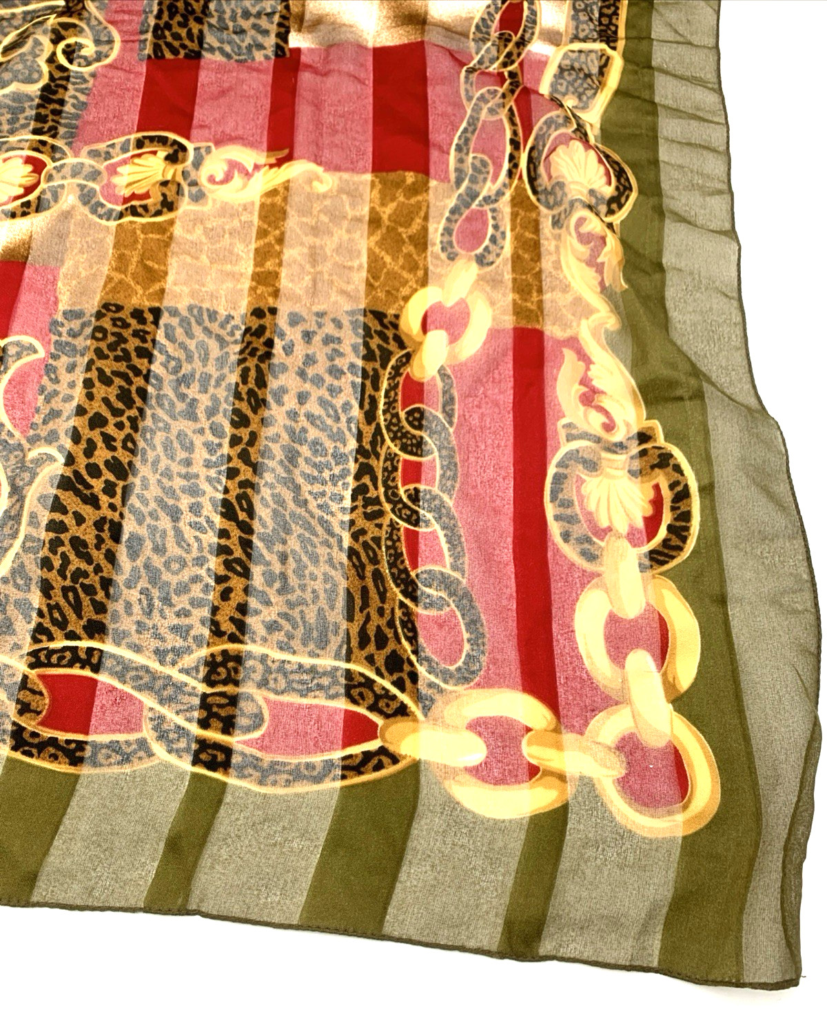 Animal Print Chain Design Scarf 34” Square OLIVE GREEN RED GOLD BLACK