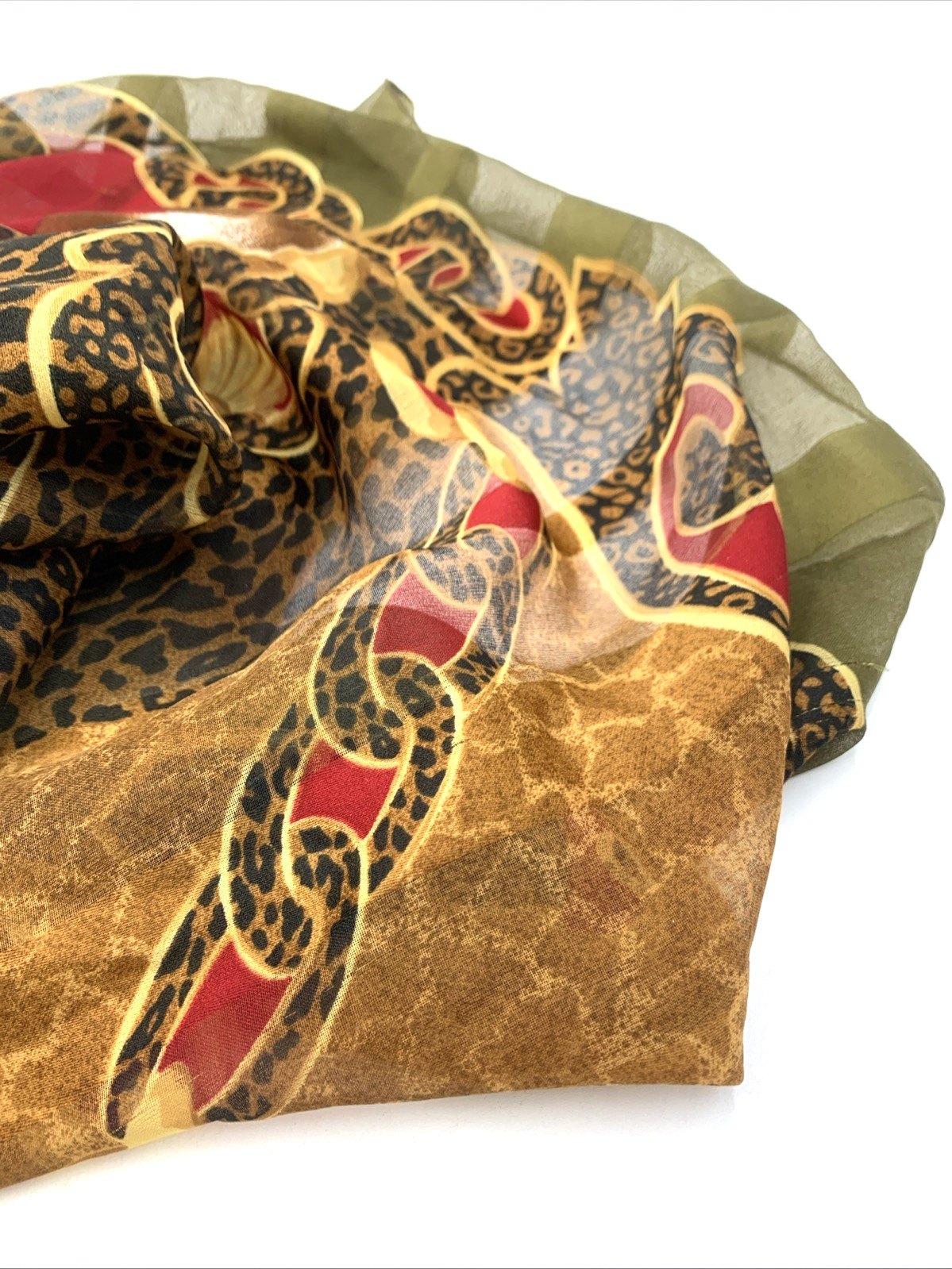 Animal Print Chain Design Scarf 34” Square OLIVE GREEN RED GOLD BLACK