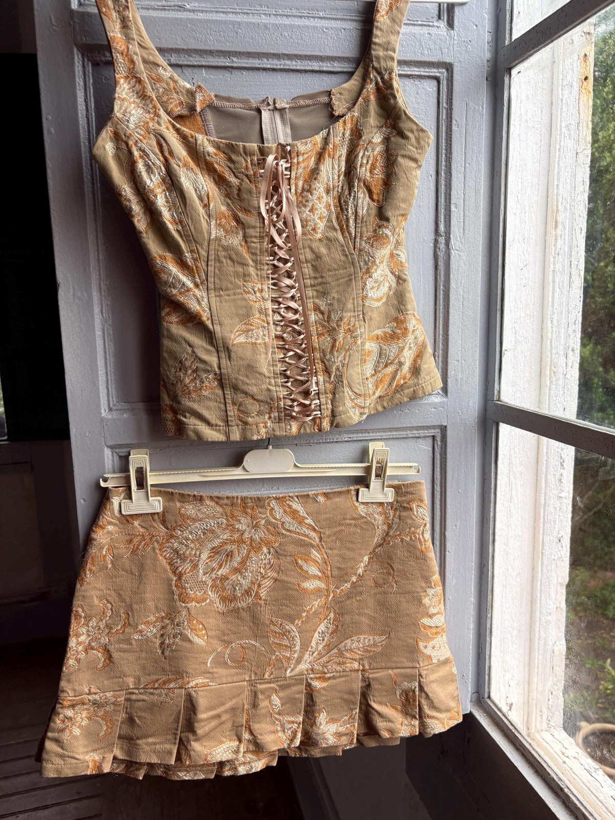 Y2K Brocade Two Piece Set, Women Corset Top Mini Skirt, Gold Floral Coquette Par