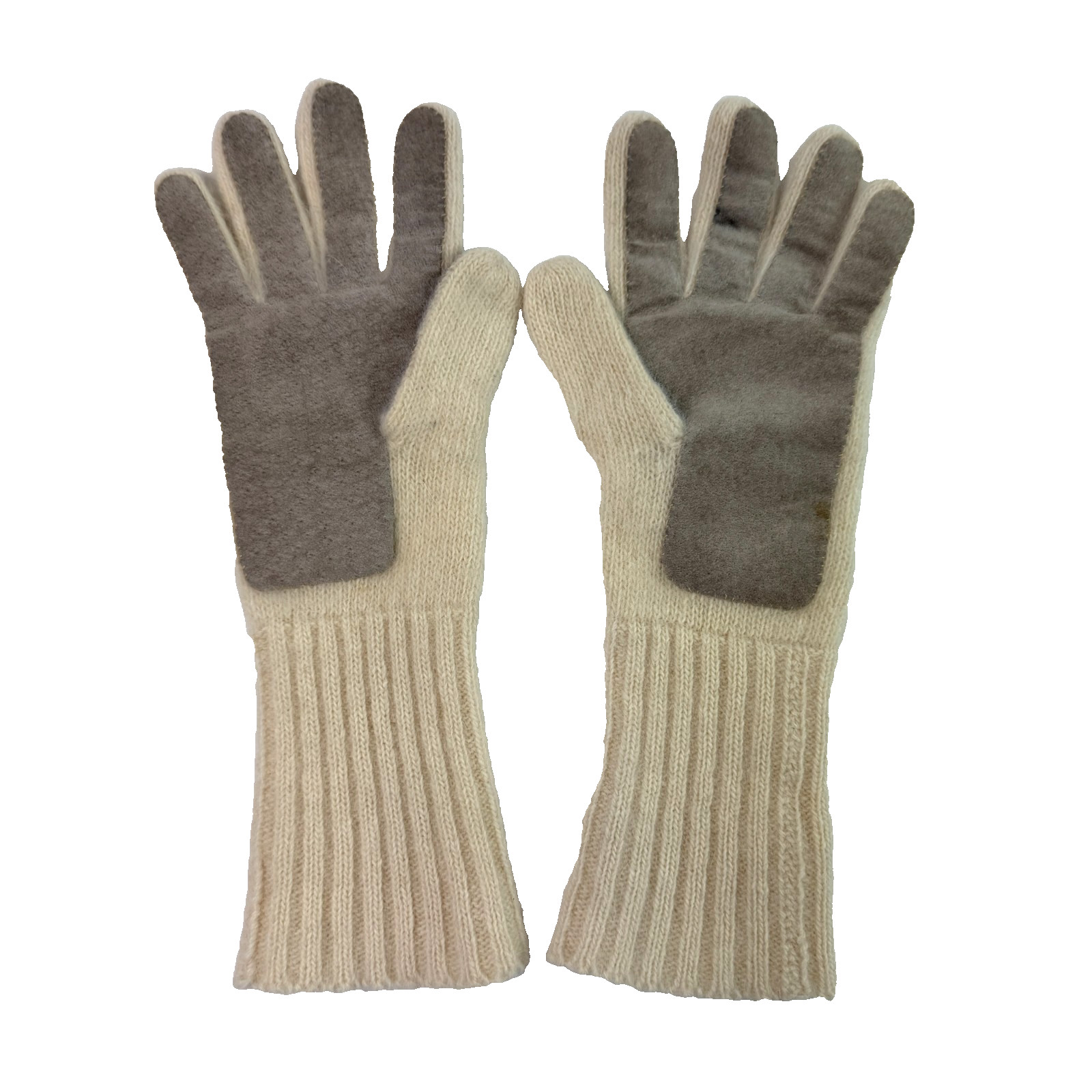 Vintage Womens Knit Gloves Angora Wool Blend Cream Genuine Leather Palms OS