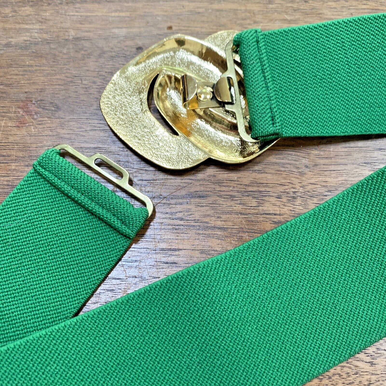 Vintage Bright Green Stretch Belt with Massive Gold Metal Chain Link Buckle 80s
