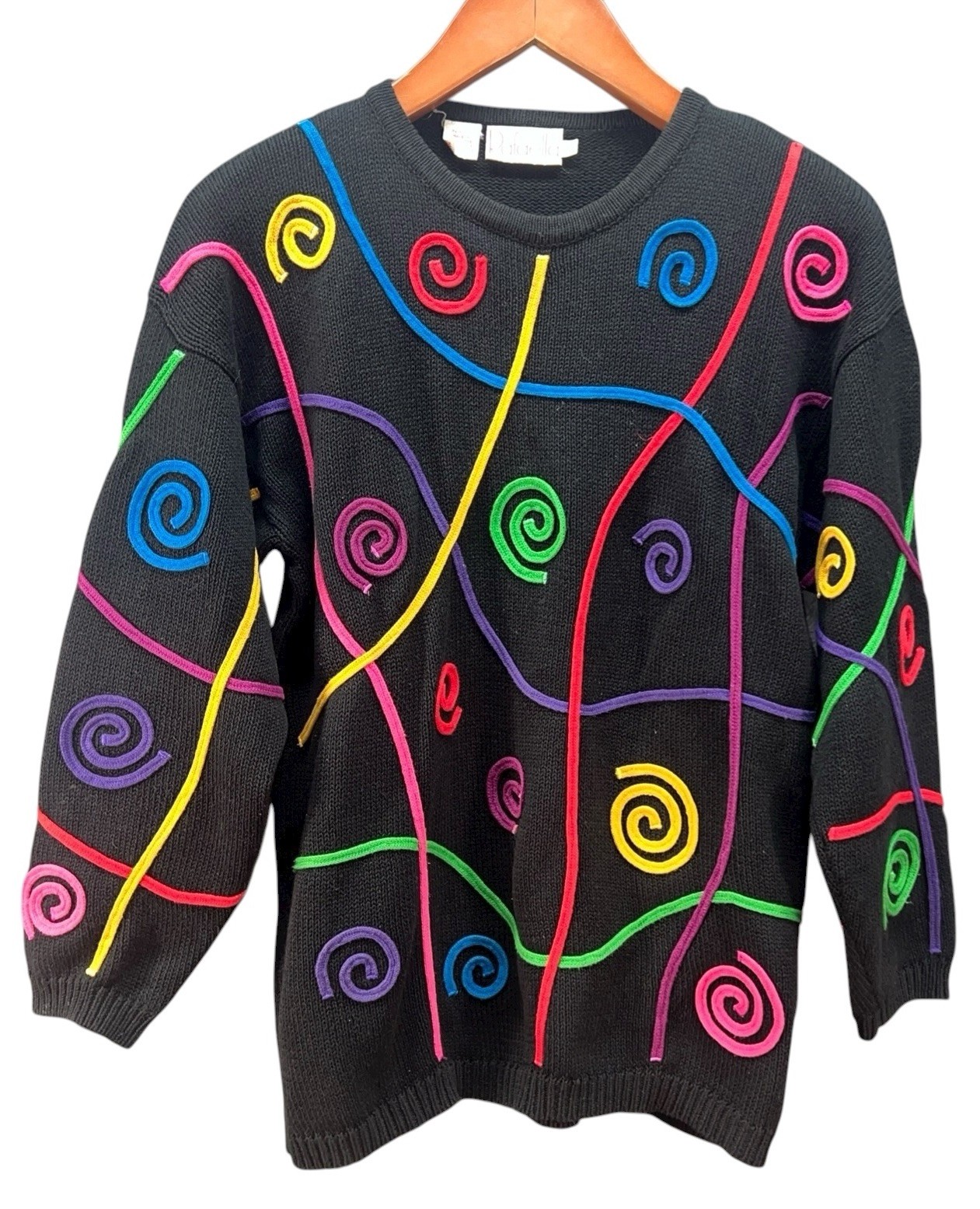 Vintage Rafaella Sweater Women’s 80s Colorful Swirls Knit Crew Neck Black Size S