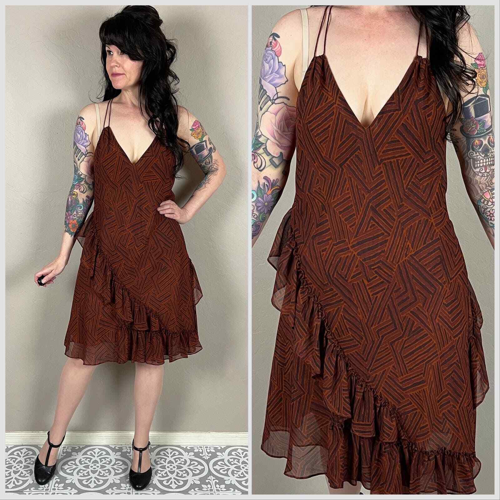 Vintage Y2k Brown Chiffon Geometric Ruffled Halter Slip Dress | Medium