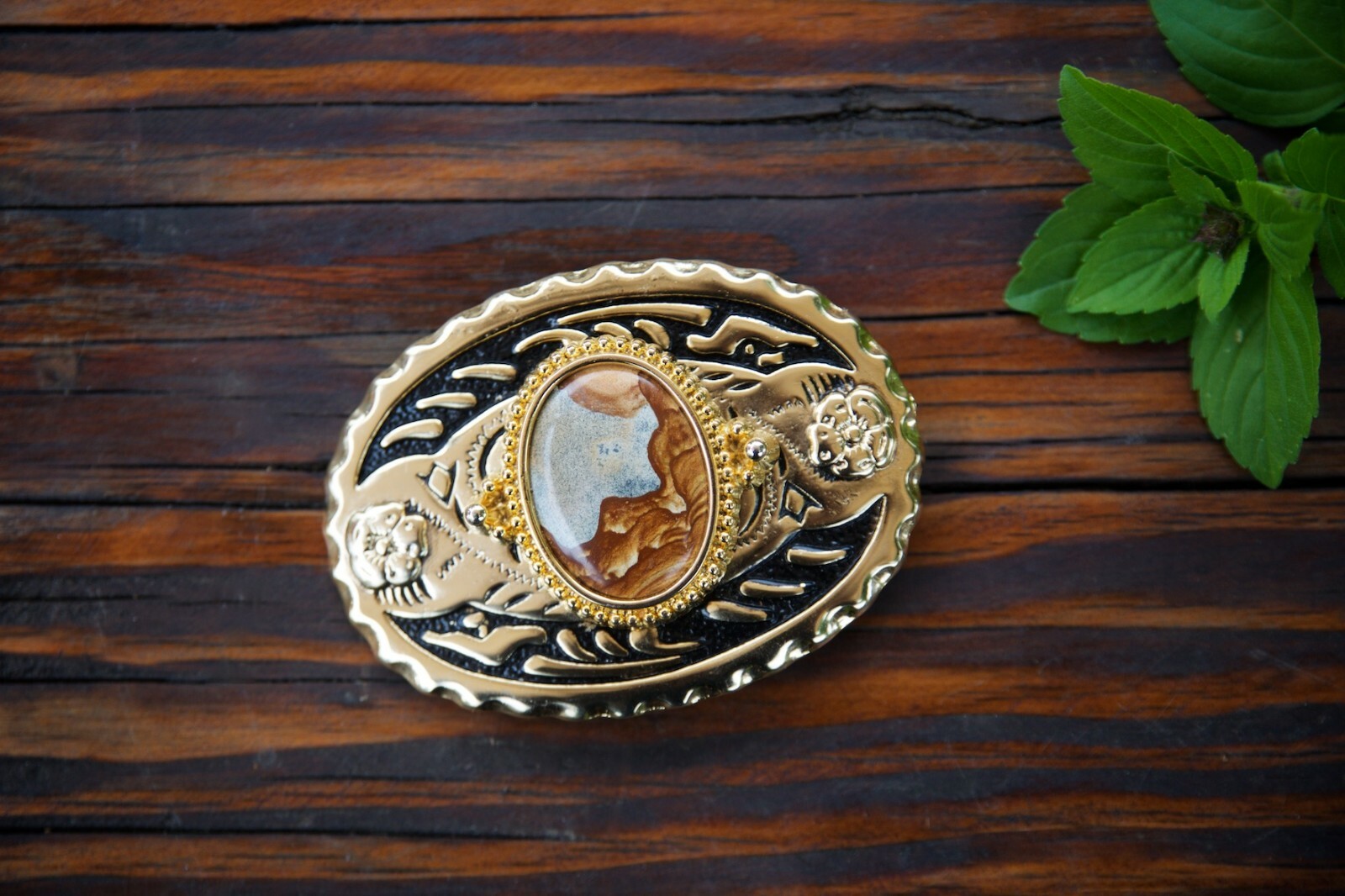 Large Gold Tone Brass Finish Belt Buckle with Oval Stone Inset 4″