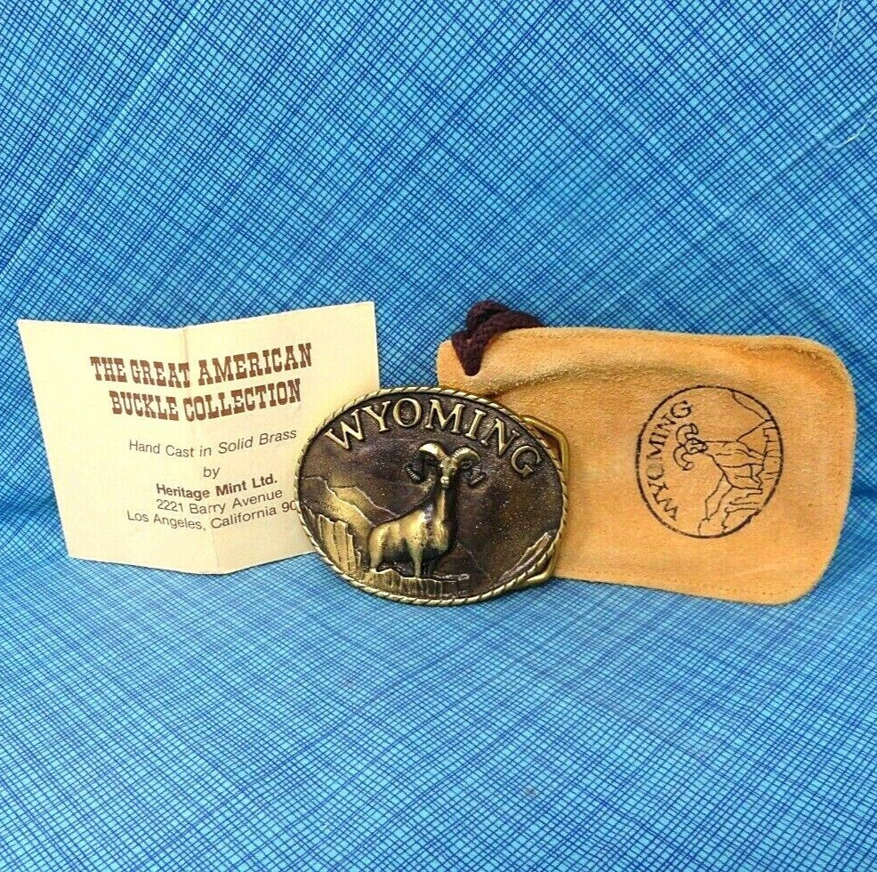 Wyoming Ram Belt Buckle # RC Big Horn Sheep Bag Papers Vtg 70s Heritage .CPA229
