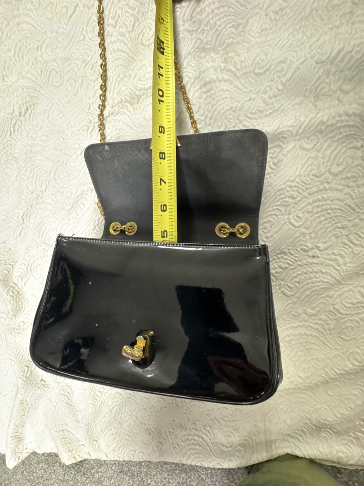Vintage Bienen Davis Black Patent Leather Shoulder Bag Gold Tone Chain Strap