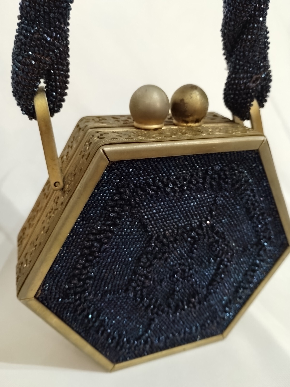 Handbag/Purse Sapphire Blue Beaded Tortoise Lucite Gold Plated Tyrolean 1940 VTG