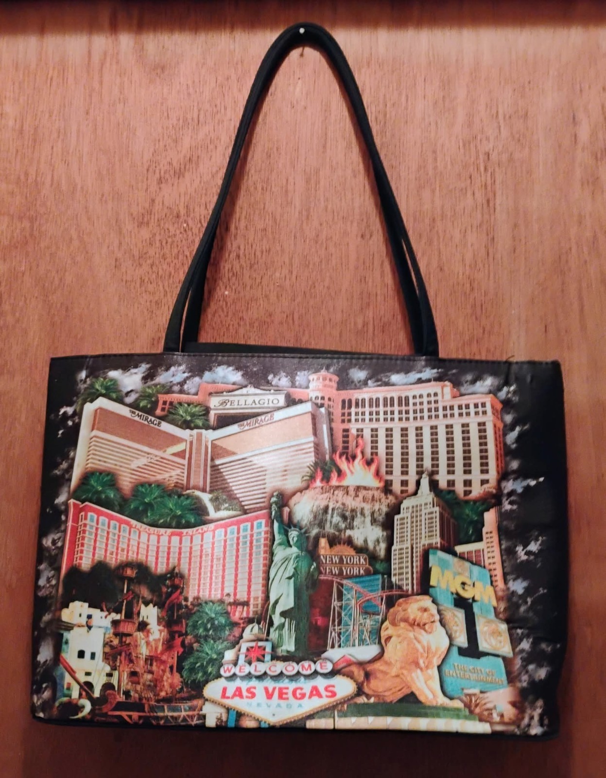 Vintage 90s Black Souvenir Photo Collage Tote Shouler Bag Purse Las Vegas Hotels