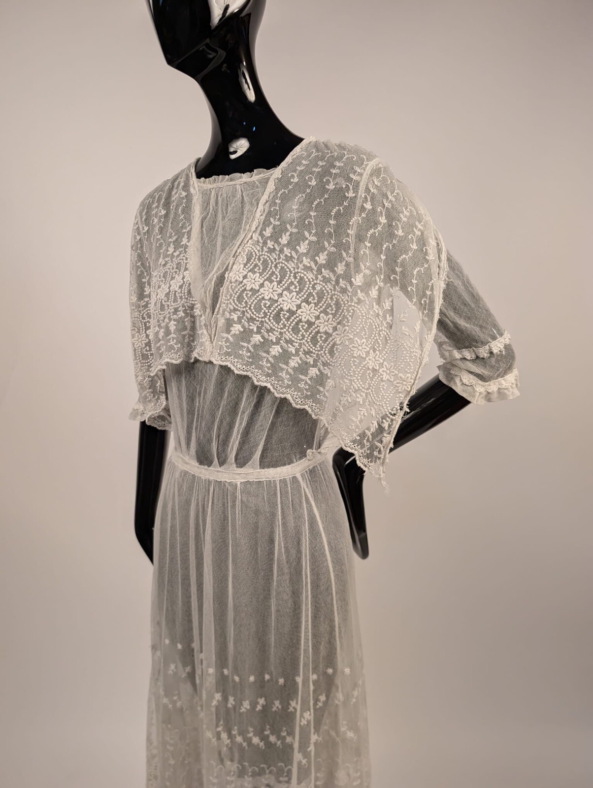EDWARDIAN EMBROIDERED WHITE NET LACE DRESS W FLORALS