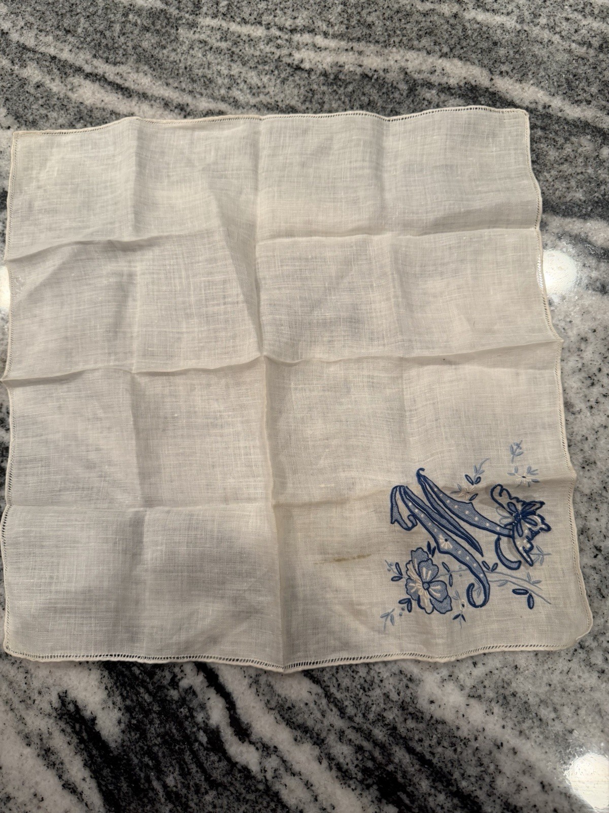 Vintage Blue Monogramed M Handkerchief with Flowers and Butterflies 12 X 12