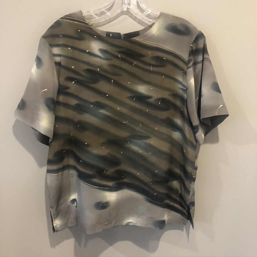Aliki Yamani Creations Women’s Silk Gray/Brown Blouse Sz S (E1217)